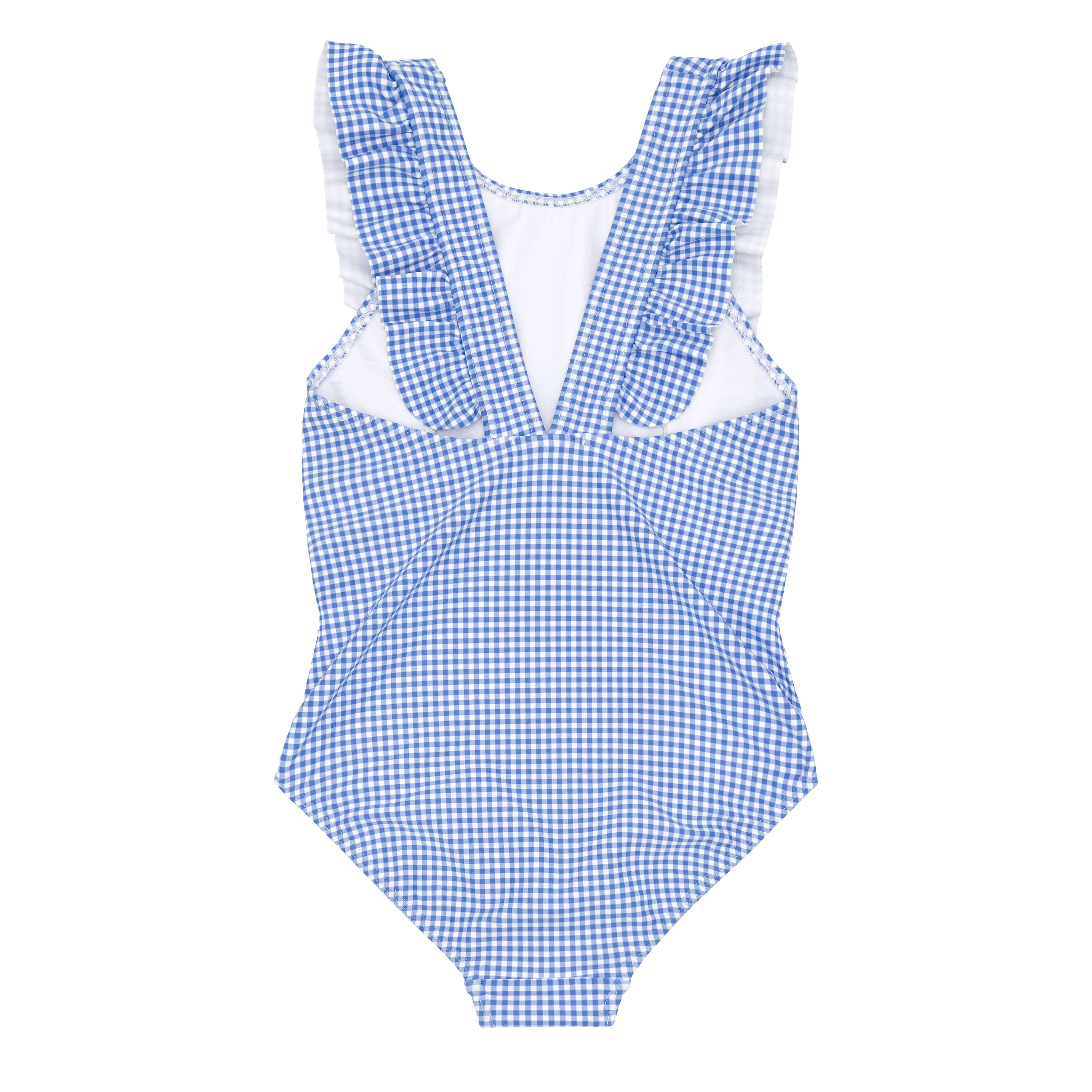 Girls Sky Blue Gingham Ruffle One Piece - Born Childrens Boutique