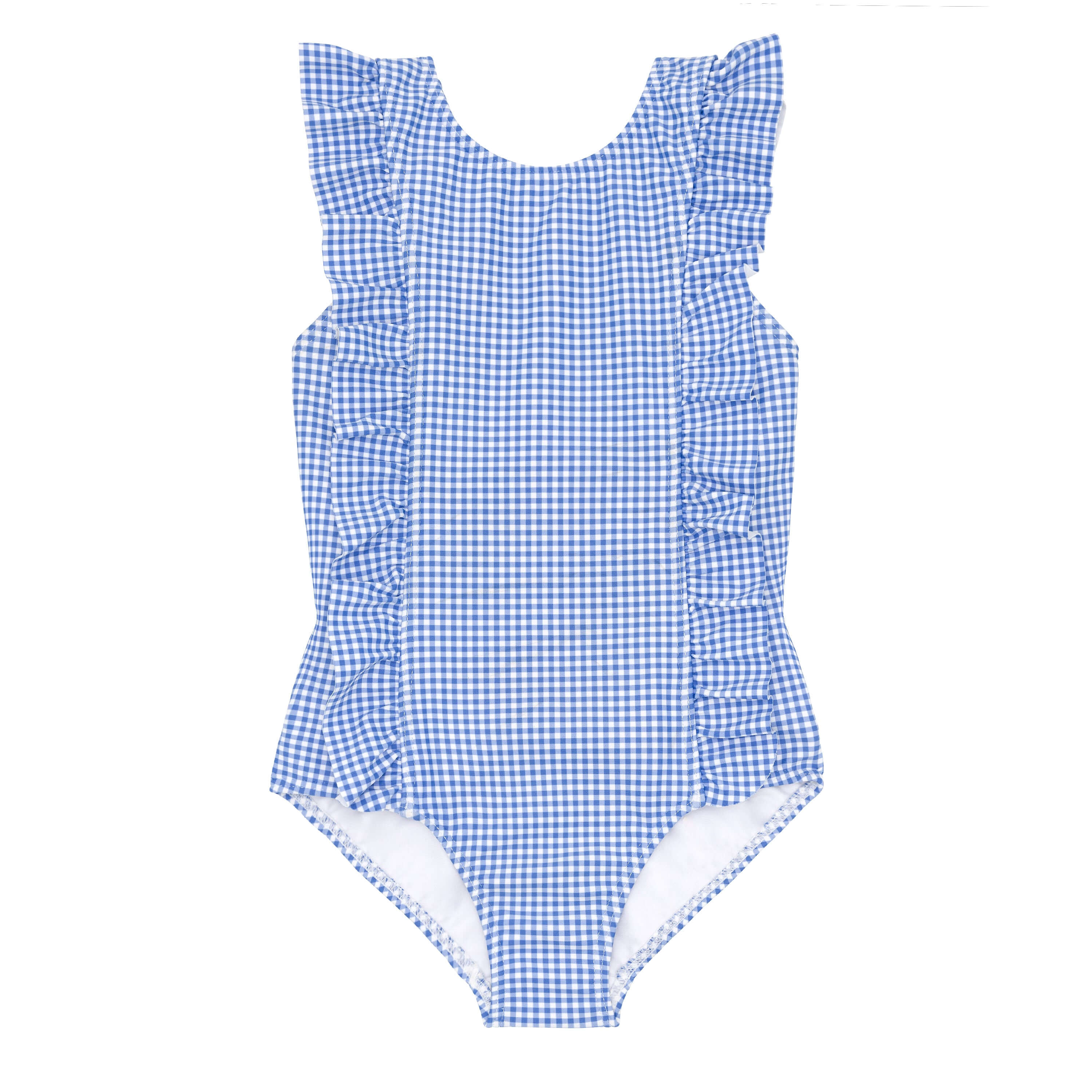 Girls Sky Blue Gingham Ruffle One Piece - Born Childrens Boutique