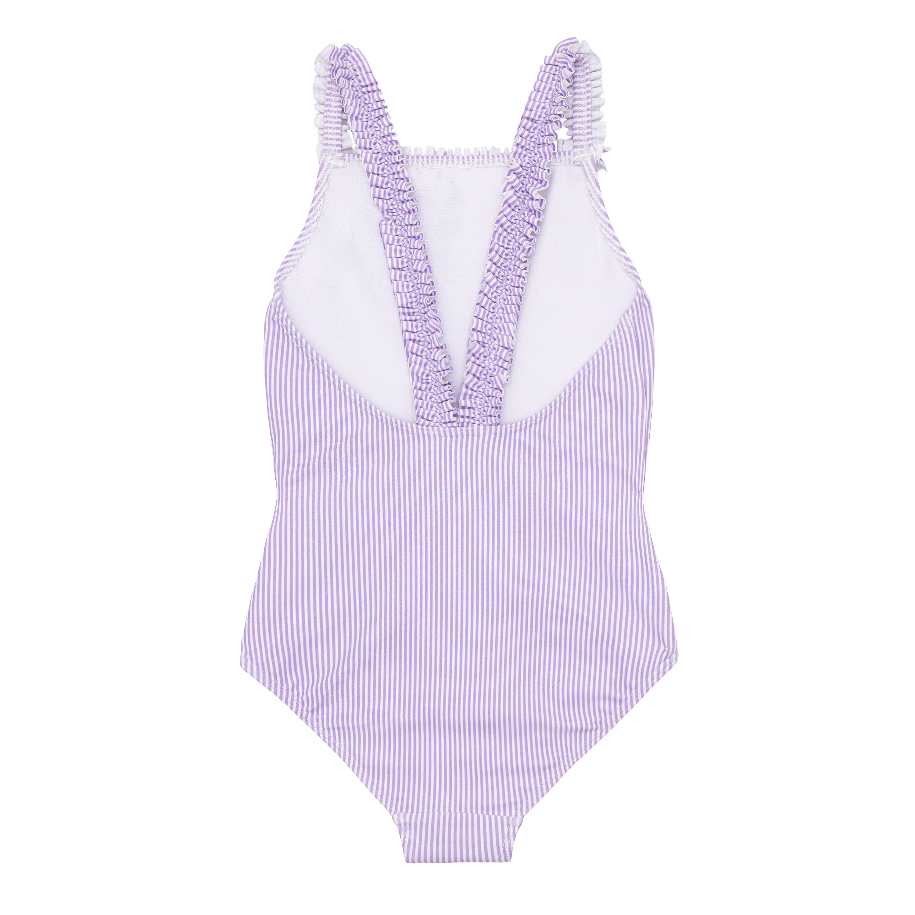 Girls Lavender Micro Stripe Ruched Strap One Piece - Born Childrens Boutique