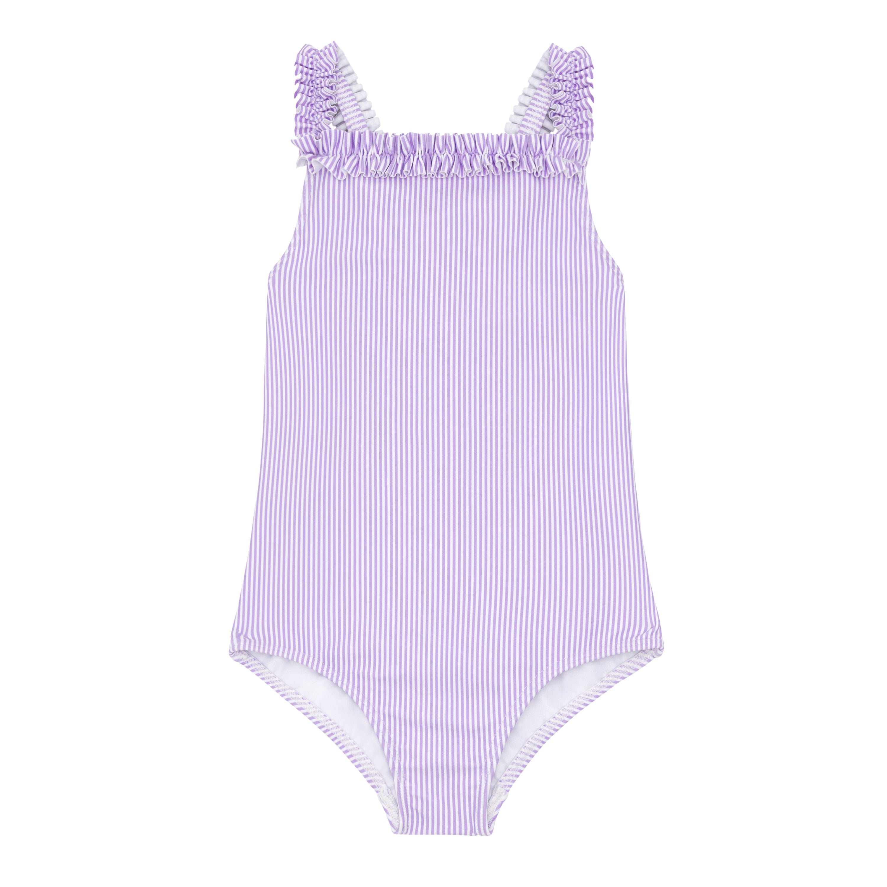 Girls Lavender Micro Stripe Ruched Strap One Piece - Born Childrens Boutique