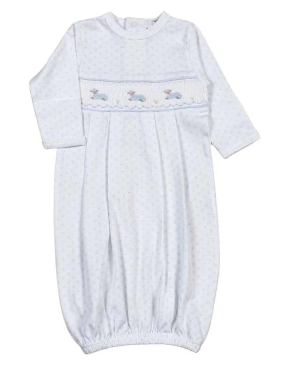 Blue Baby Lamb Hand Smocked Pima Gown - Born Childrens Boutique