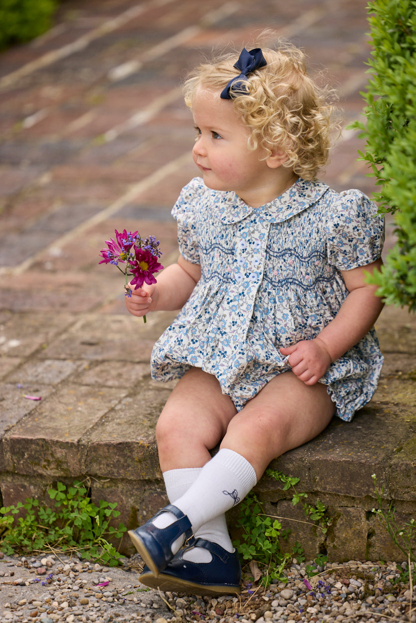 Smocked Bridget Bubble - Wisteria Floral - Born Childrens Boutique
