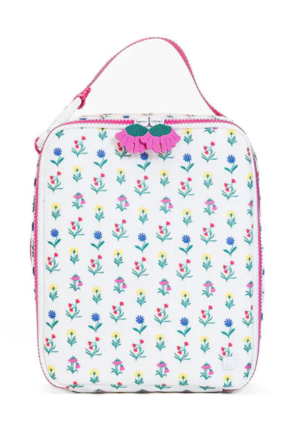 Floral-patterned pouch with a pink handle on a white background