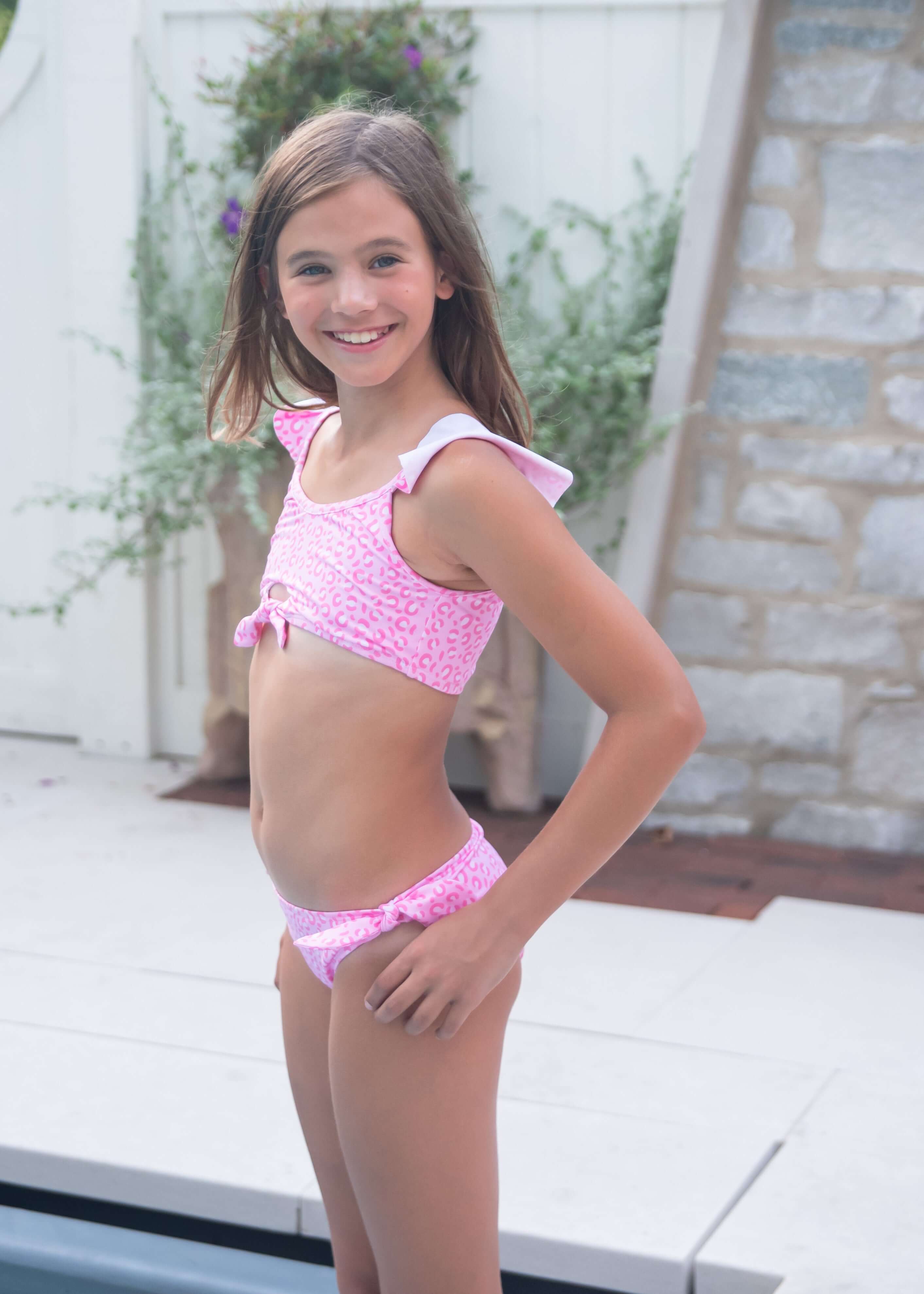 Pink Cheetah Two Piece Knot Swim - Born Childrens Boutique