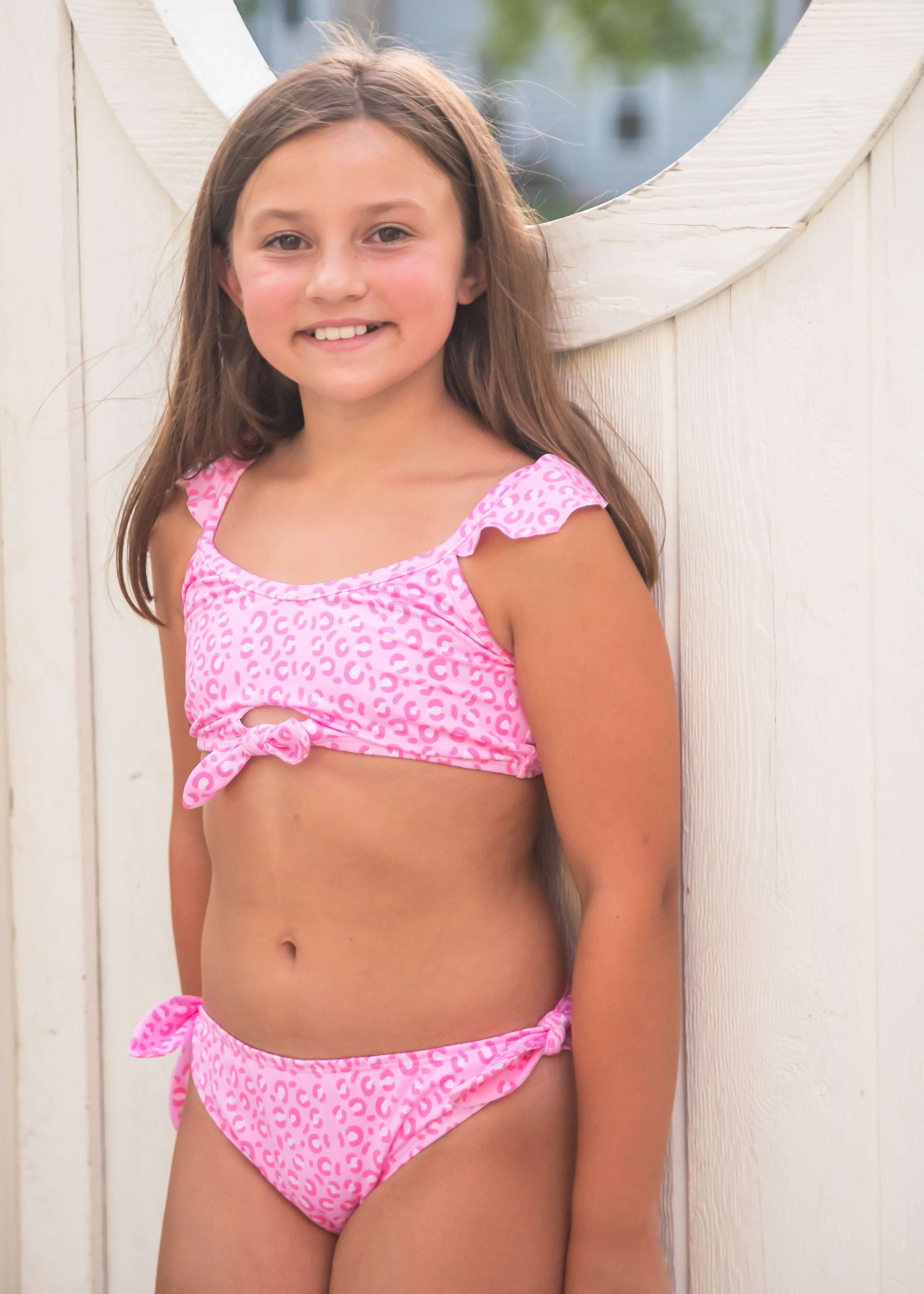 Pink Cheetah Two Piece Knot Swim - Born Childrens Boutique