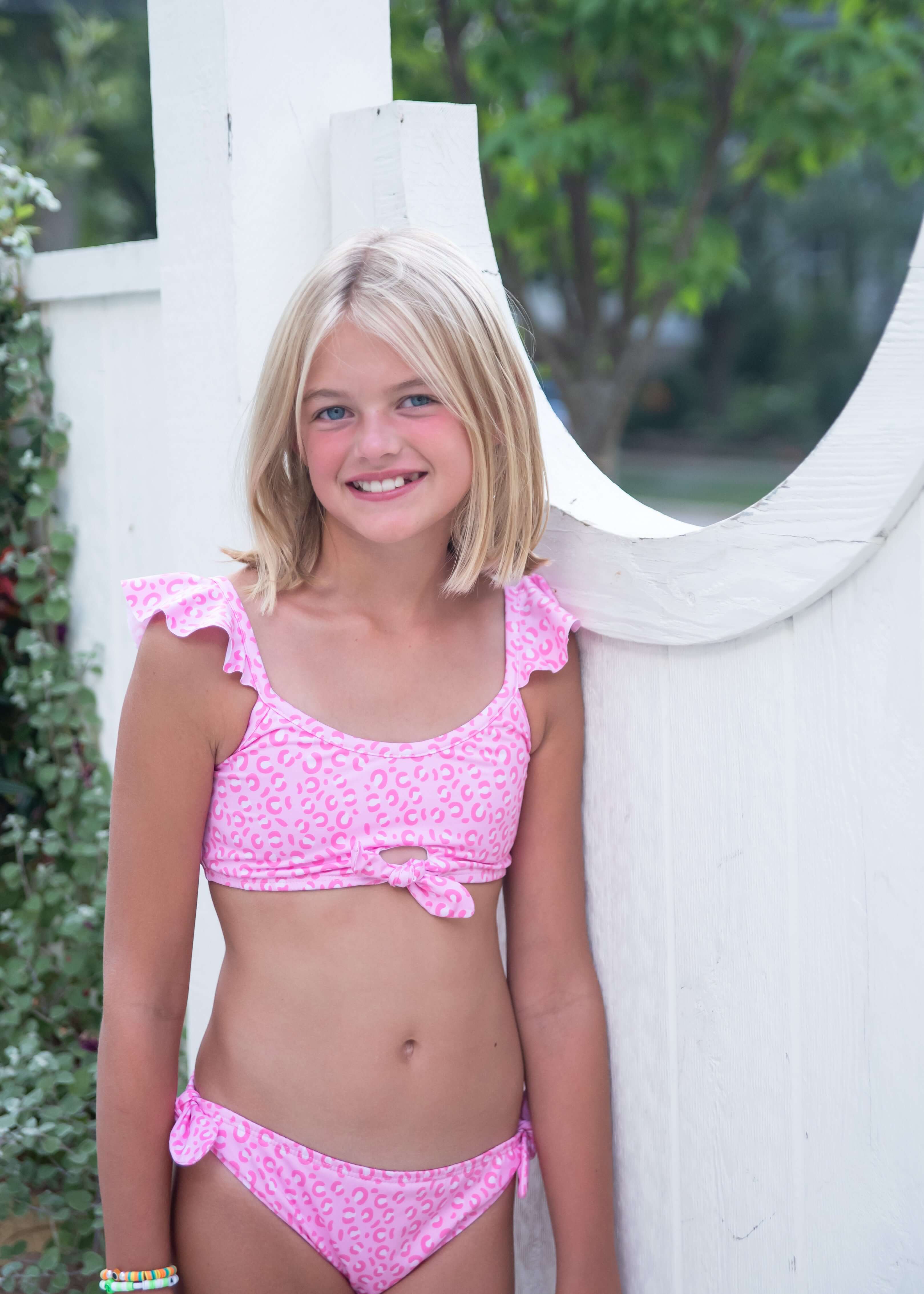 Pink Cheetah Two Piece Knot Swim - Born Childrens Boutique