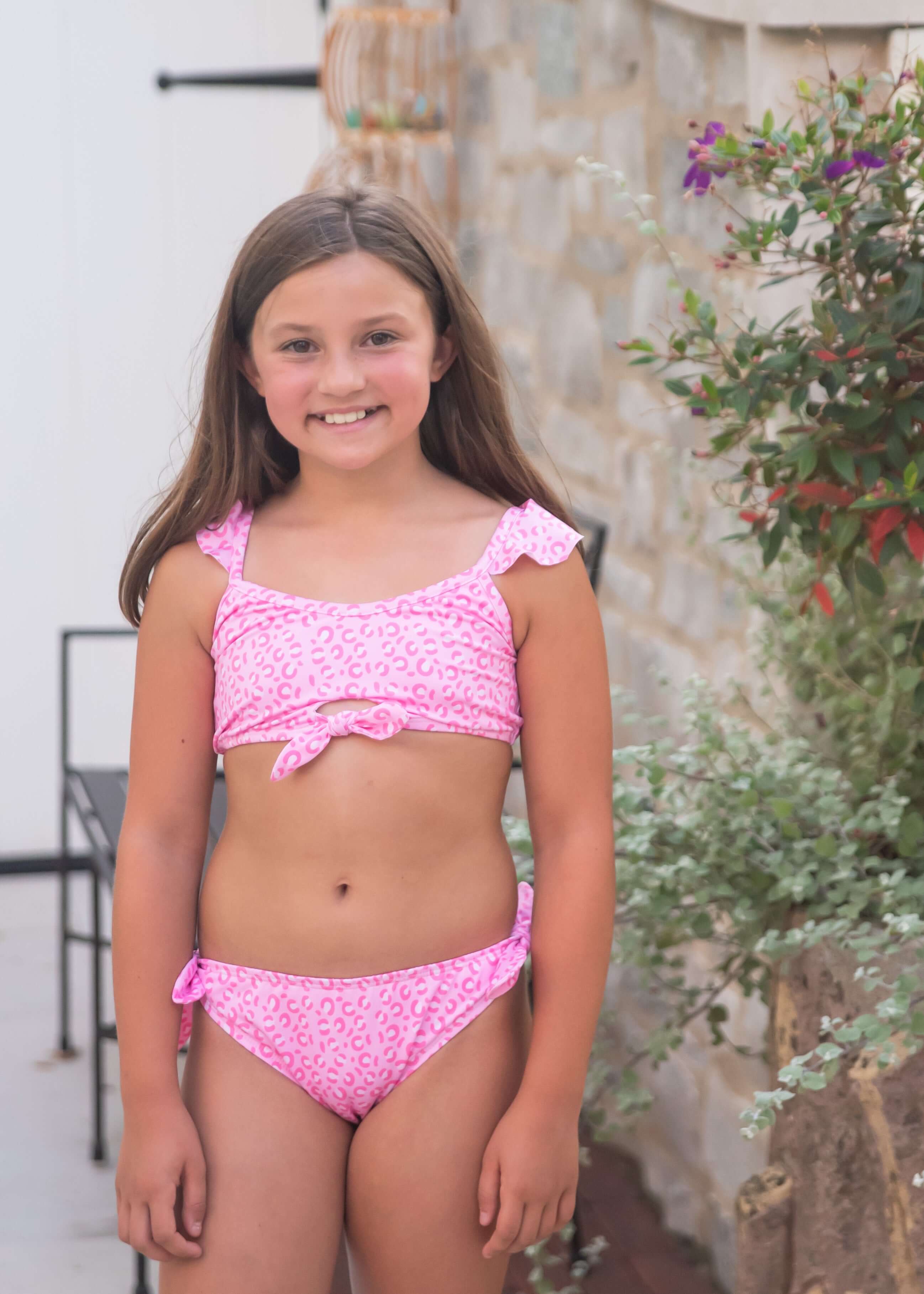 Pink Cheetah Two Piece Knot Swim - Born Childrens Boutique