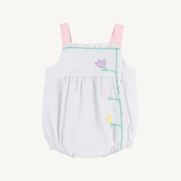 Bitsy Bubble - Worth Avenue White with Palm Beach Pink & Flower Applique - Born Childrens Boutique