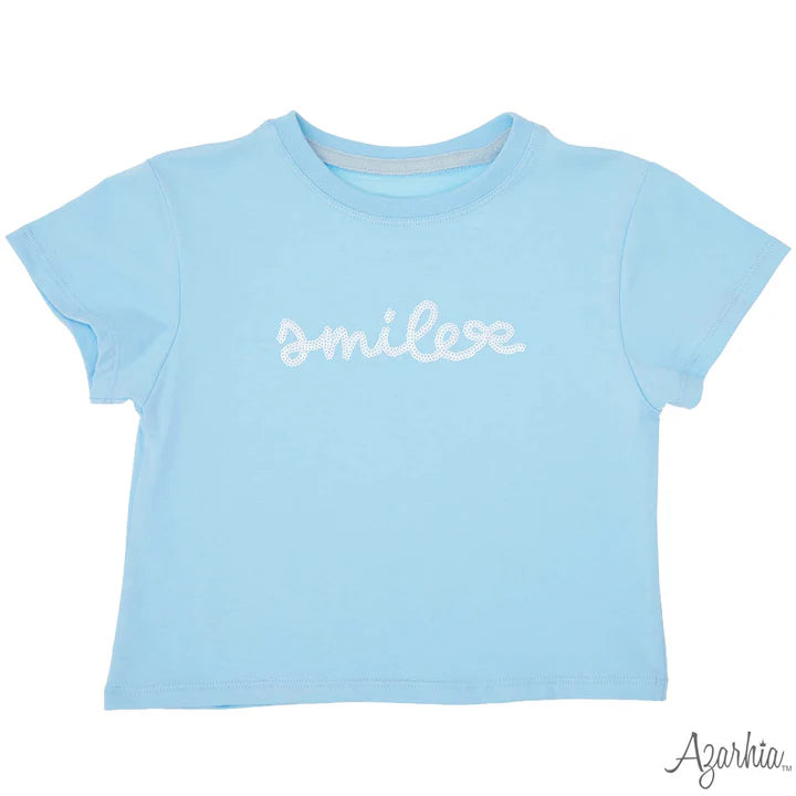 Sequin Smile Light Blue Ringer Boxy - Born Childrens Boutique