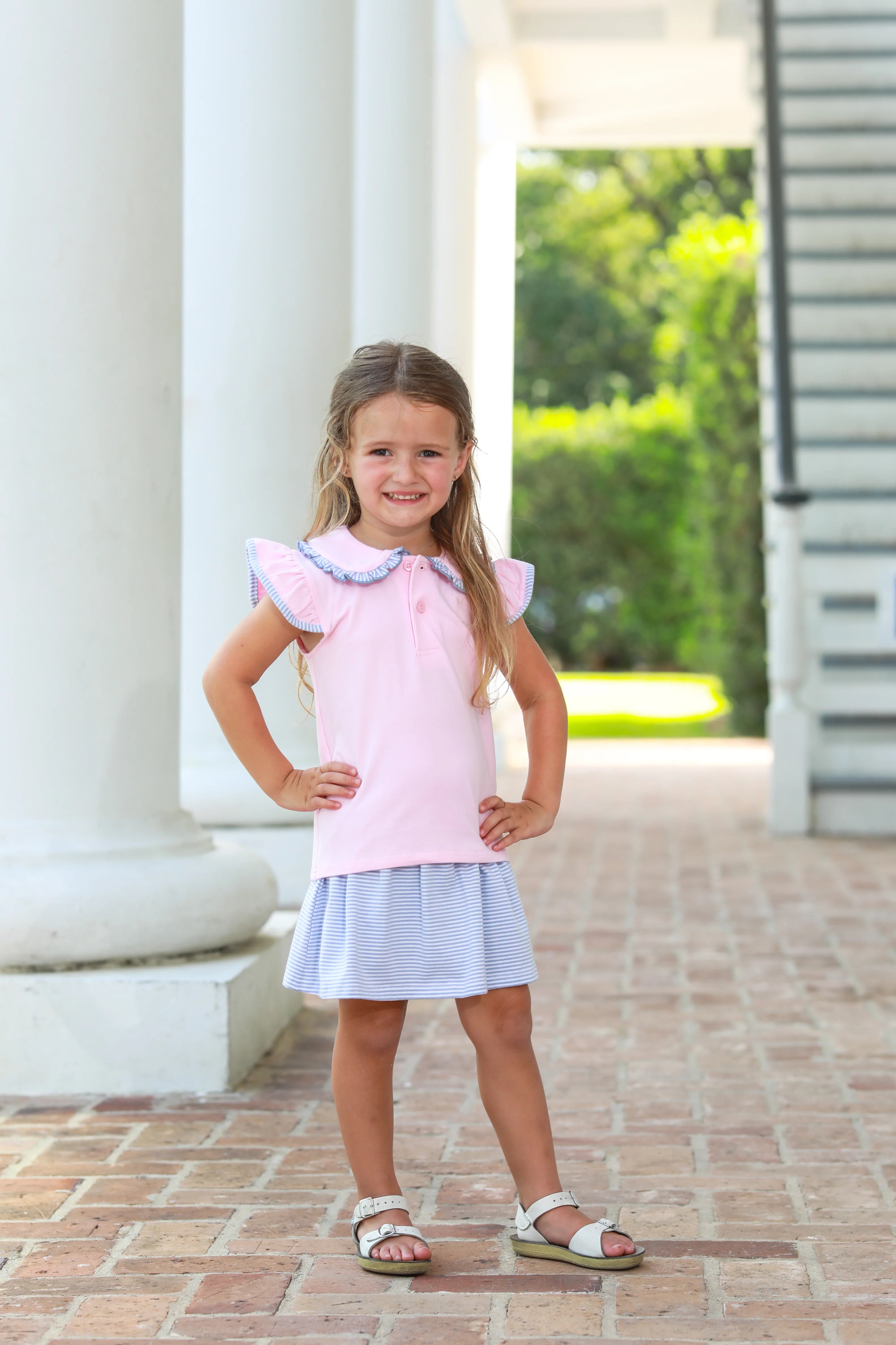 Camilla Dress - Dusty Blue Stripe/Light Pink - Born Childrens Boutique