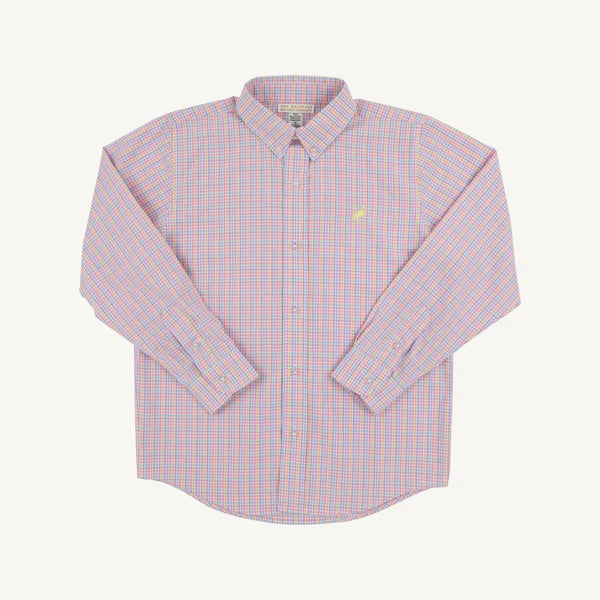 Dean's List Dress Shirt - Woodstock Park Plaid with Lake Worth Yellow Stork - Born Childrens Boutique