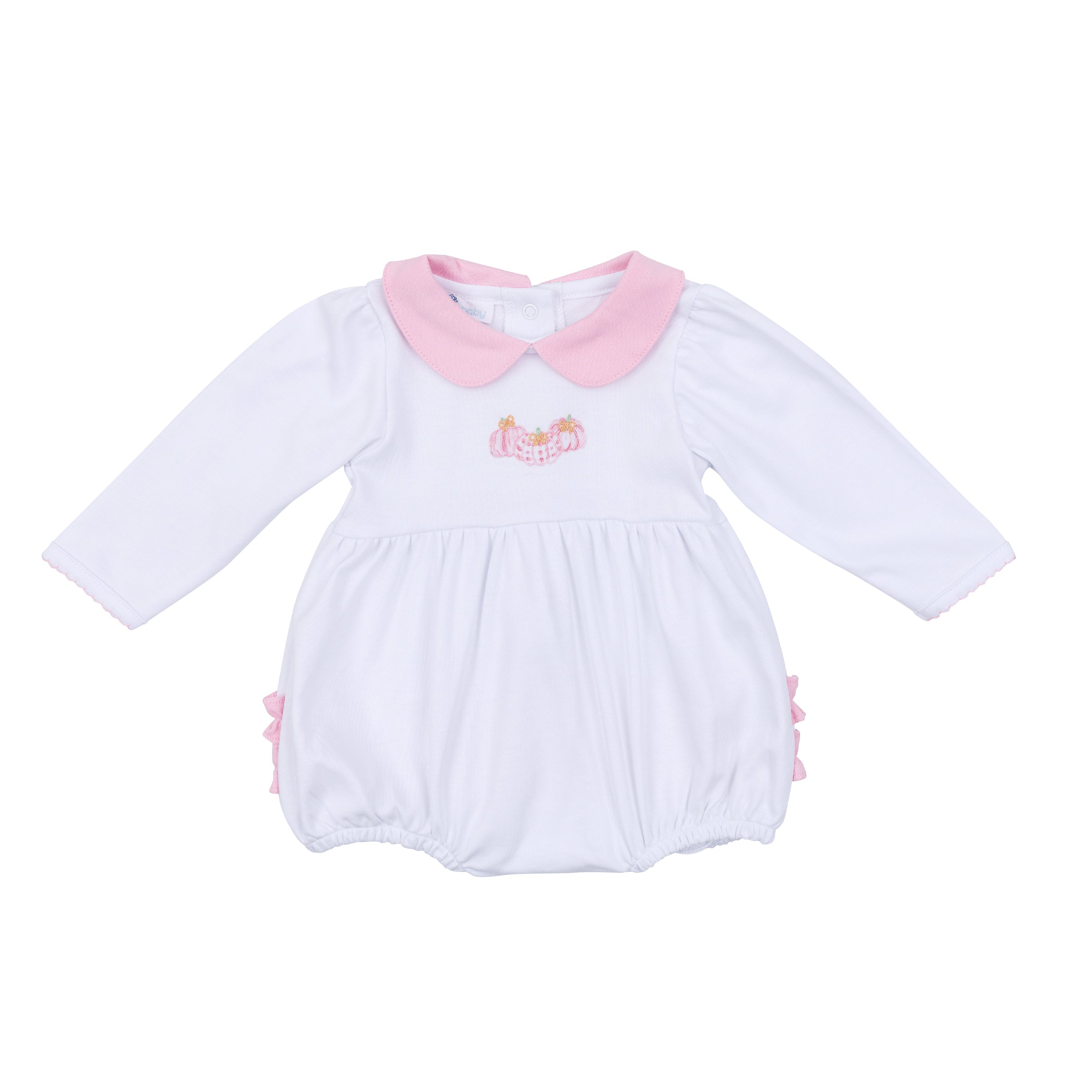 Precious Pumpkin Embroidered Ruffle LS Bubble Light Pink - Born Childrens Boutique