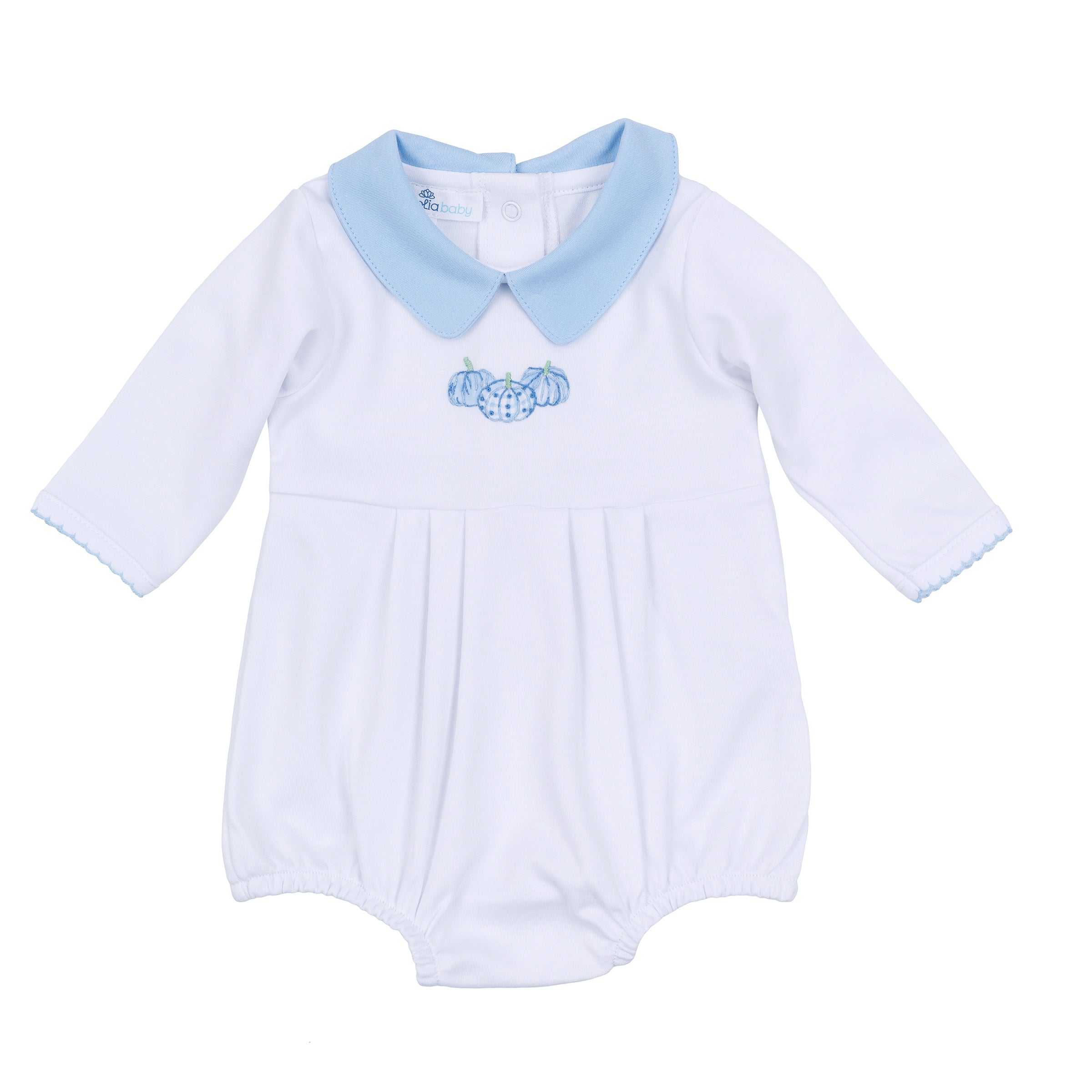 Precious Pumpkin Embroidered LS Bubble Light Blue - Born Childrens Boutique