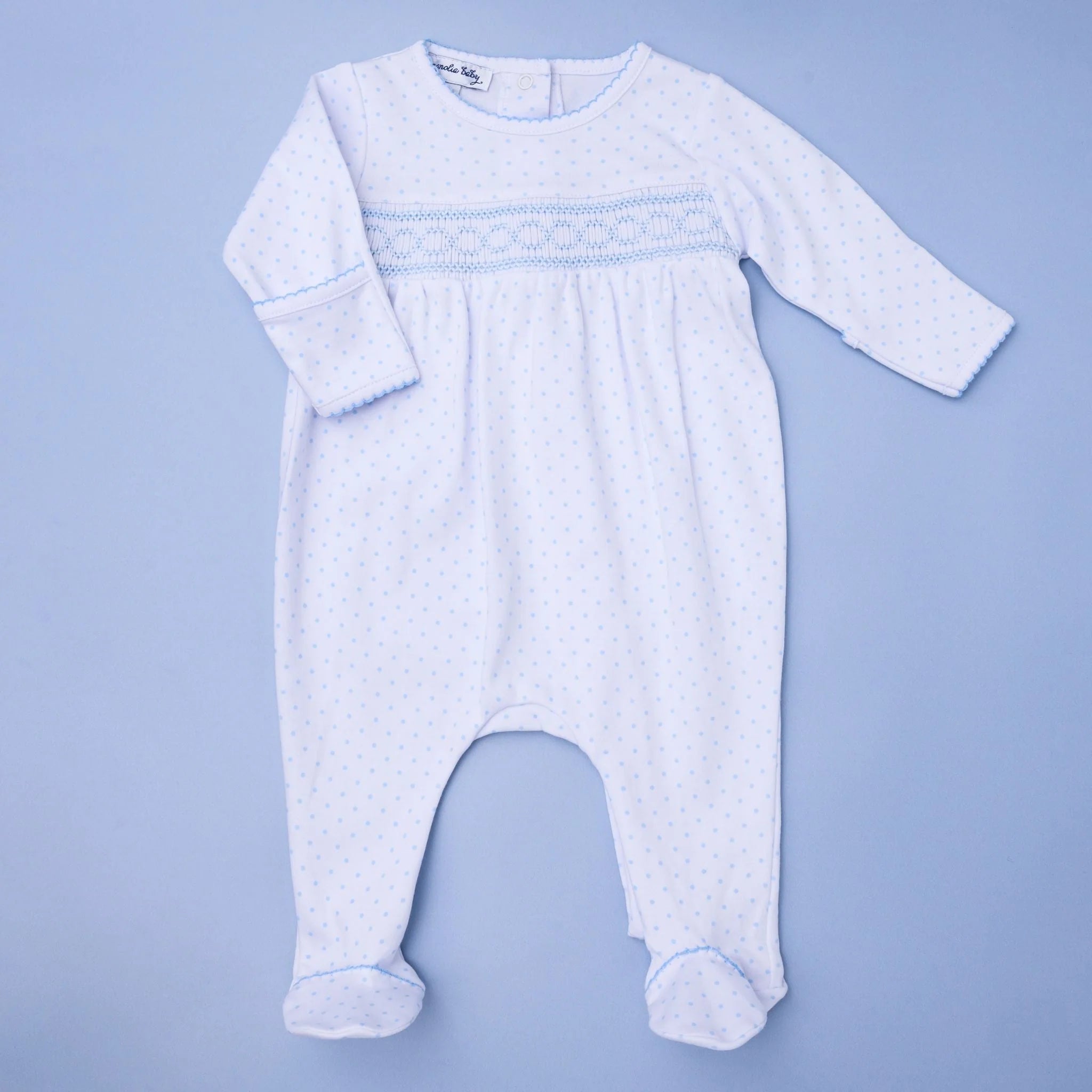 Mini Dots Blue Smocked Footie - Born Childrens Boutique