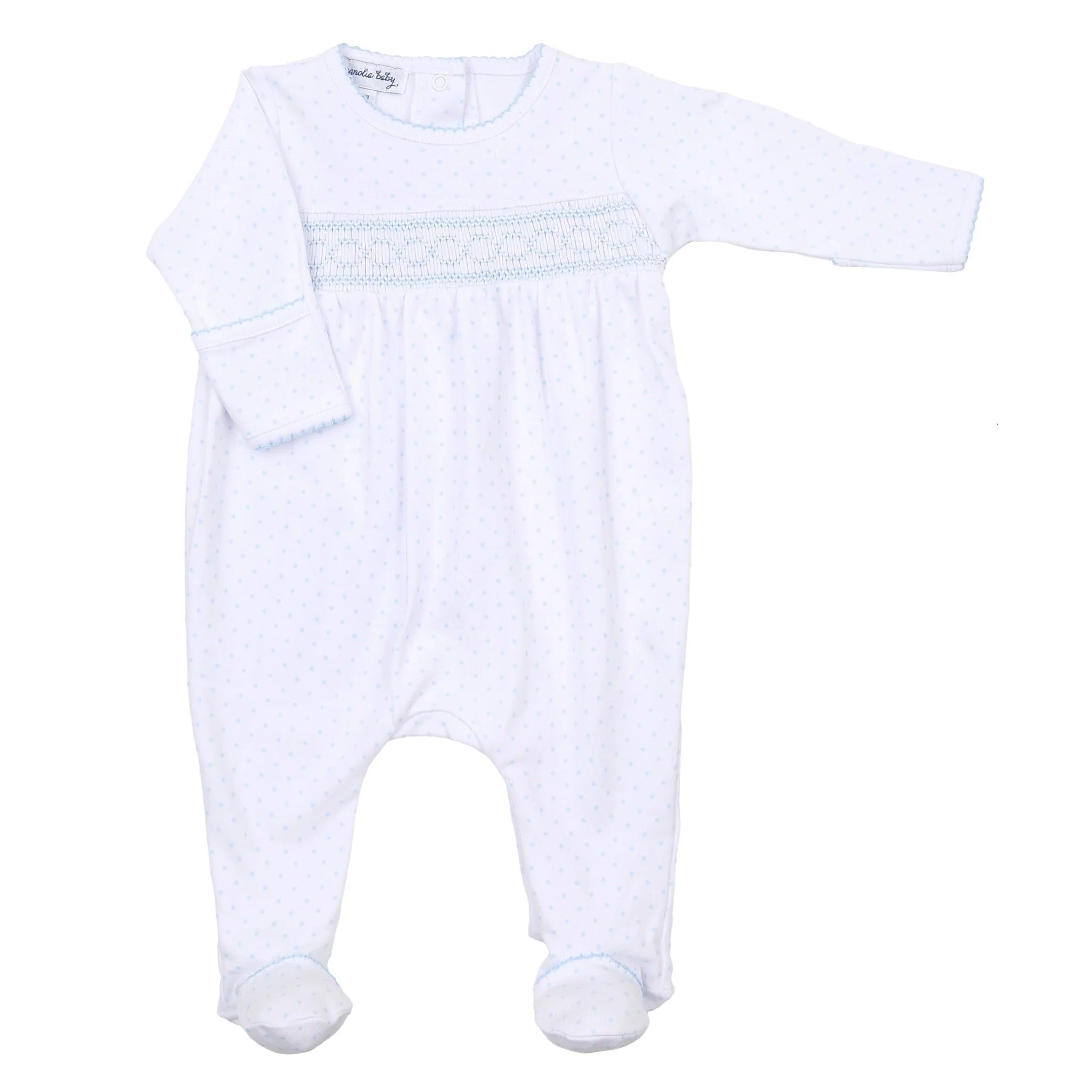 Mini Dots Blue Smocked Footie - Born Childrens Boutique