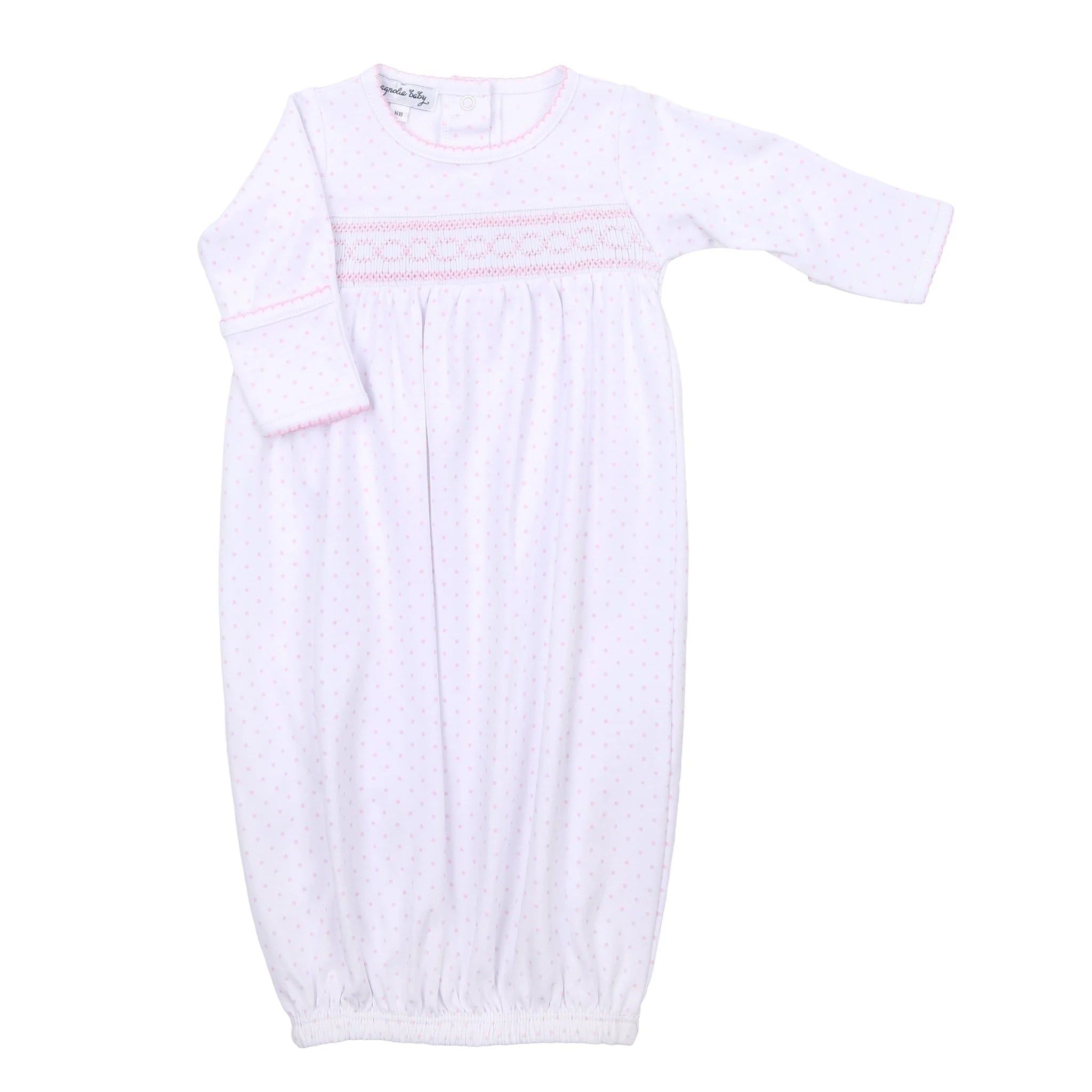 Mini Dots Pink Smocked Gathered Gown - Born Childrens Boutique