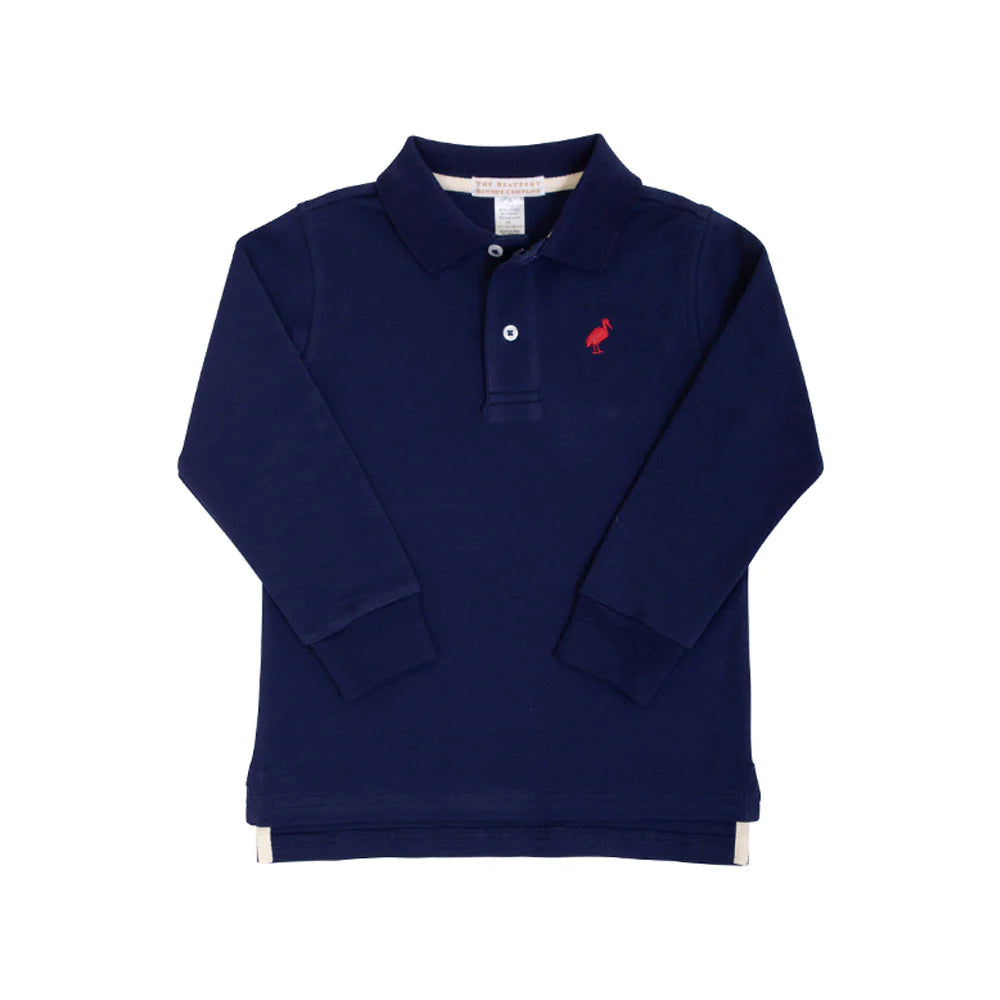 Long Sleeve Prim & Proper Polo Nantucket Navy With Richmond Red Stork - Born Childrens Boutique