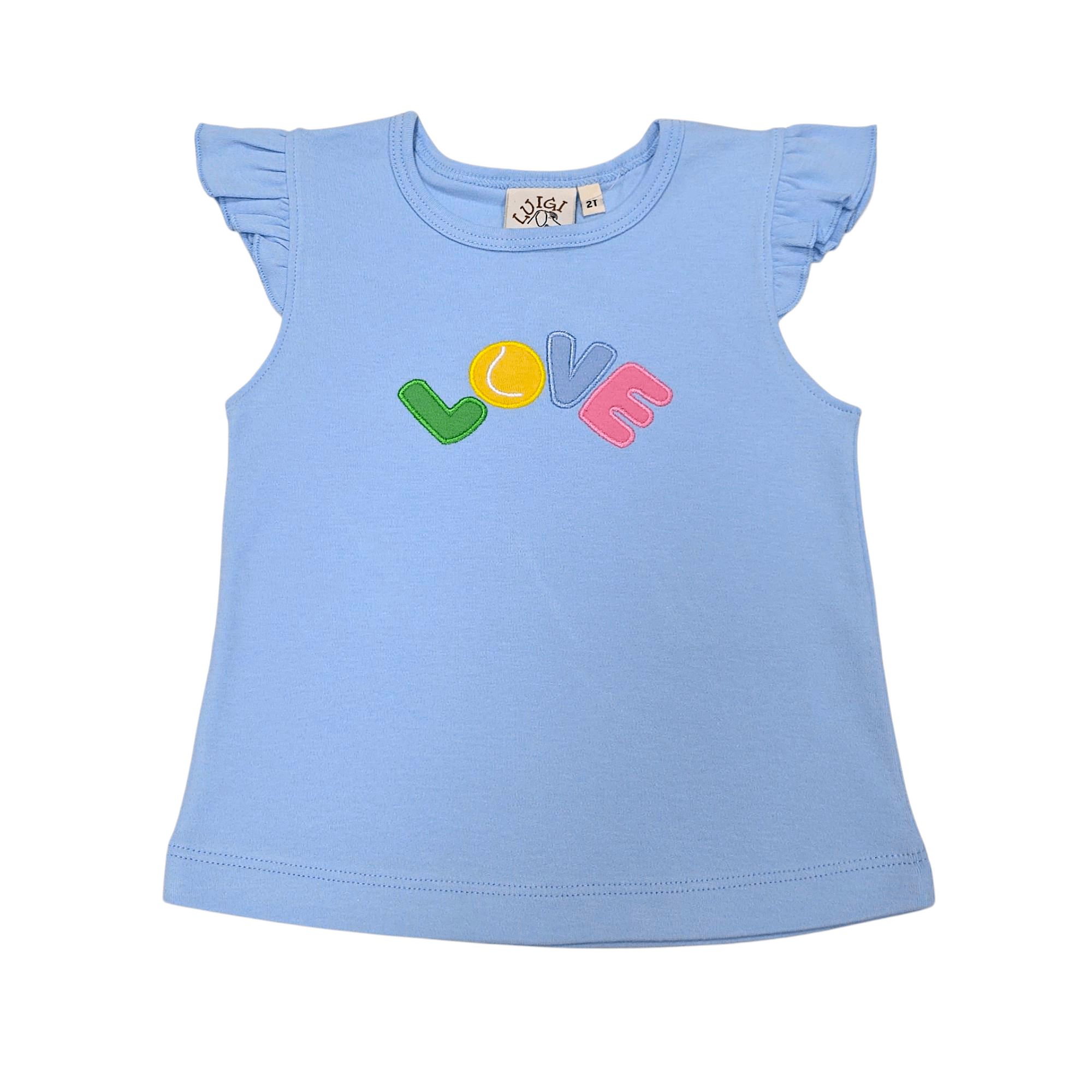 LOVE w/ Tennis Sky Blue SS Flutter Top - Born Childrens Boutique