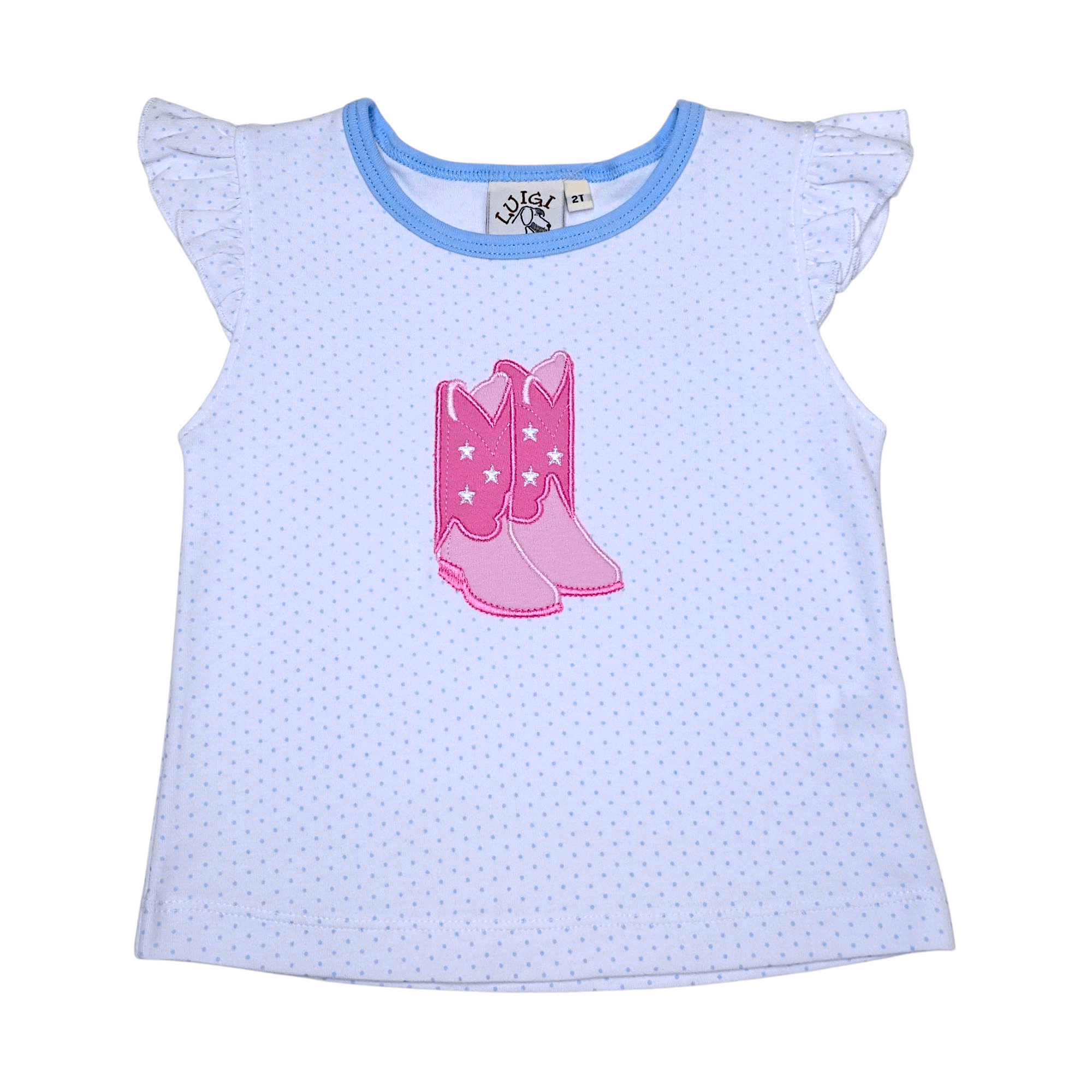 Cowgirl Boots White w/ Blue Dot SS Flutter Top - Born Childrens Boutique