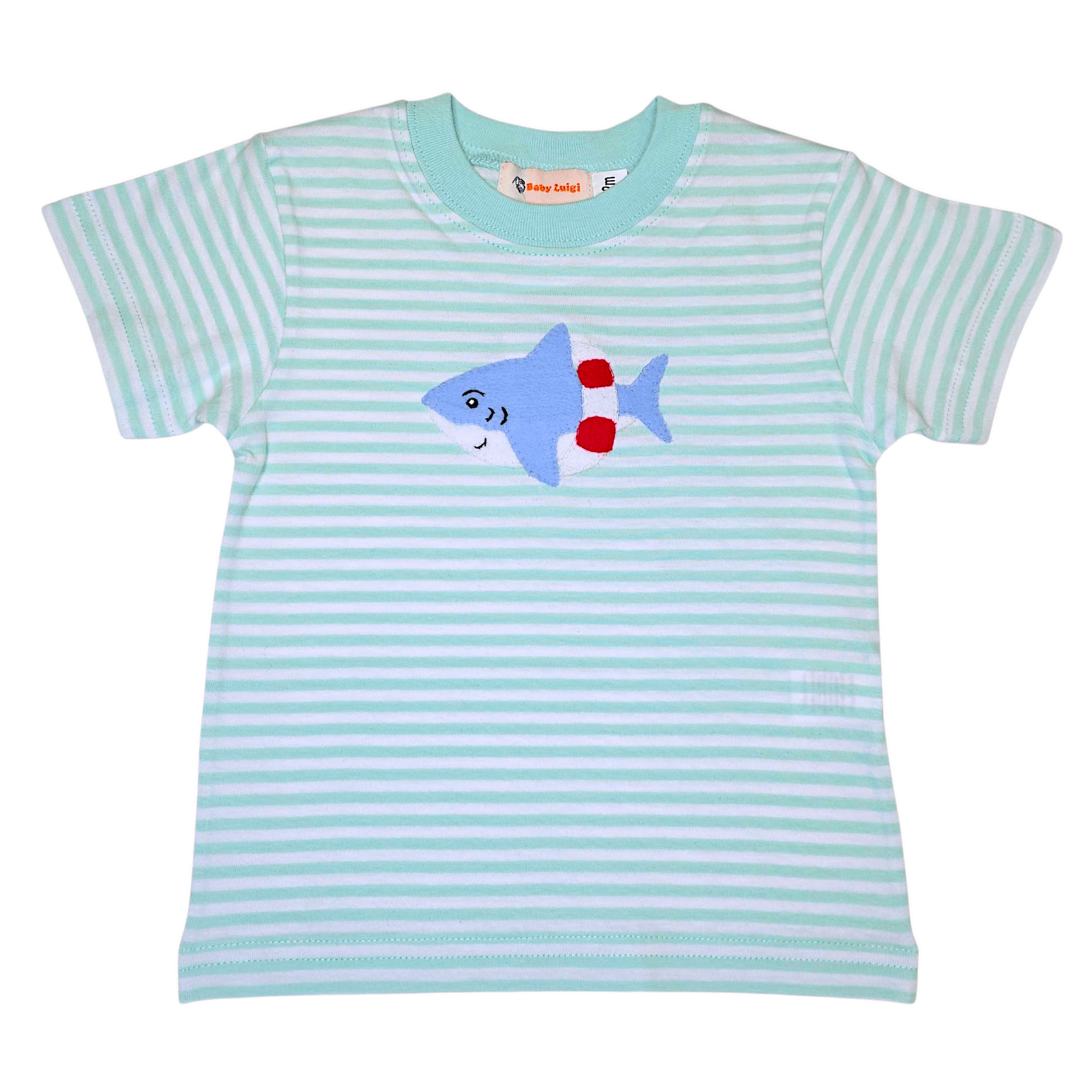 Shark w/ Lifesaver Light Jade Stripe SS Shirt - Born Childrens Boutique