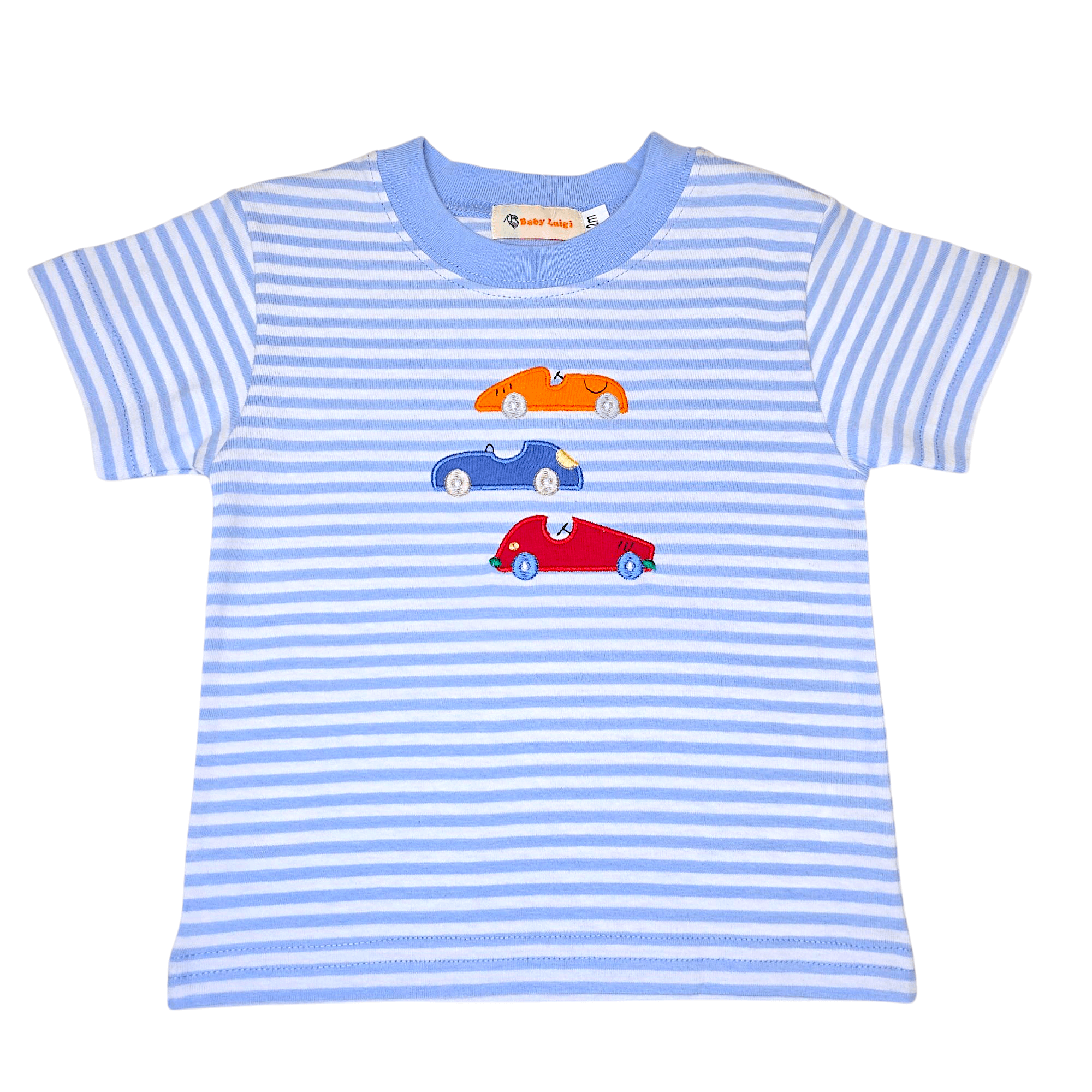 Three Stack Cars Sky Blue Stripe SS Shirt - Born Childrens Boutique
