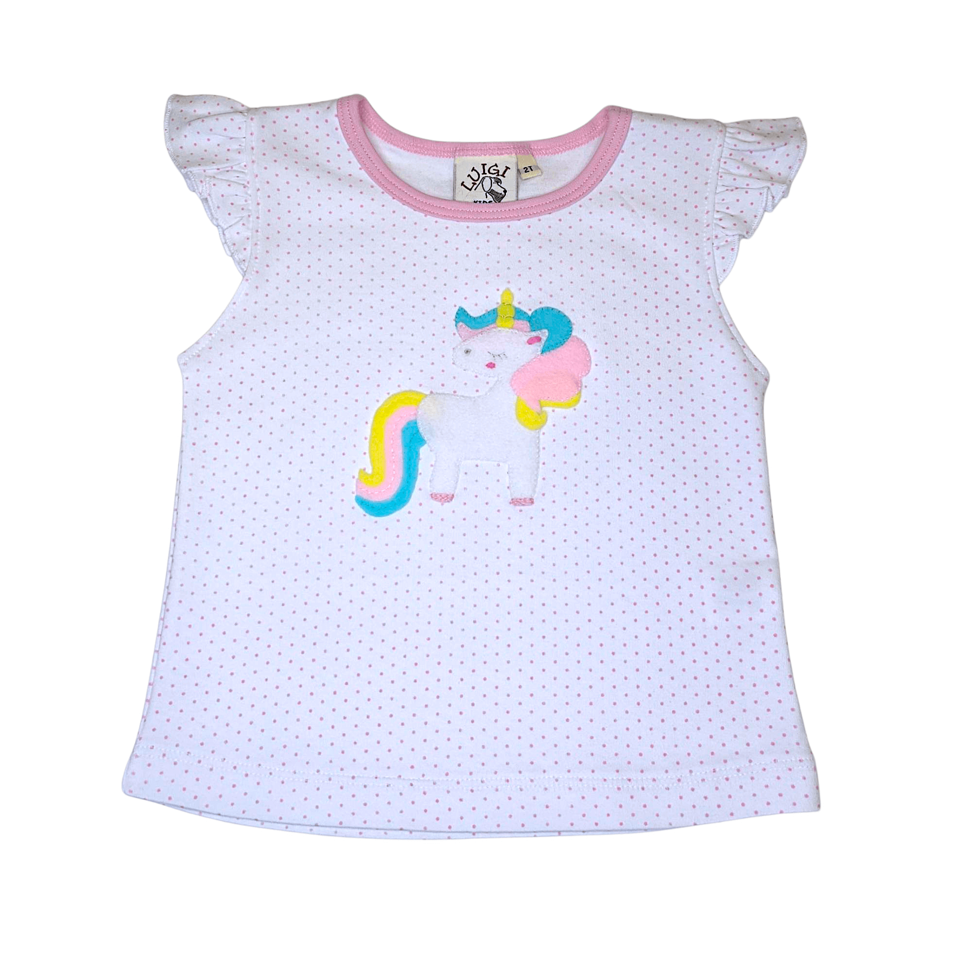 Unicorn White w/ Pink Dot SS Flutter Top - Born Childrens Boutique