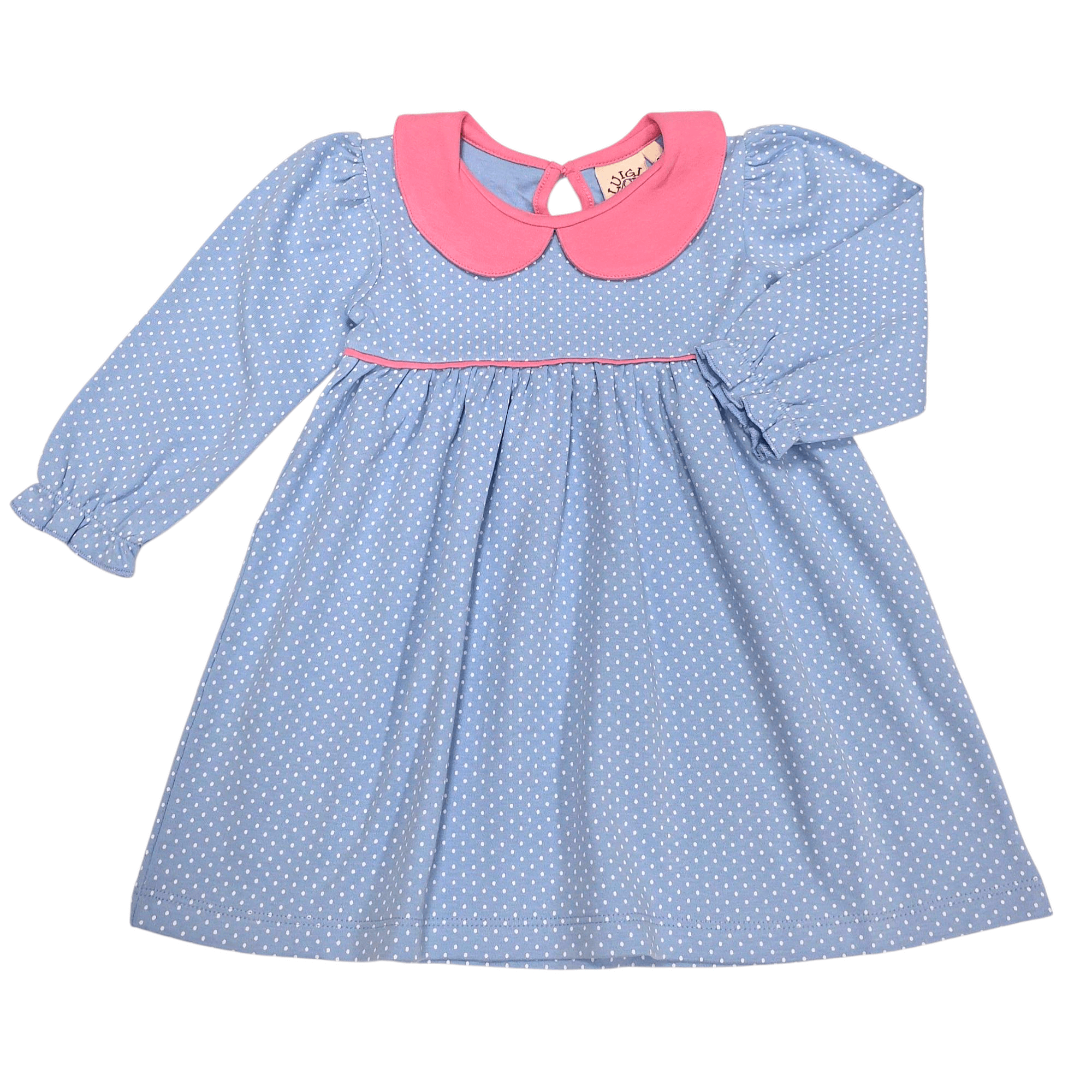 Gather Dress Sky Blue White Dot/Lt Bubblegum - Born Childrens Boutique