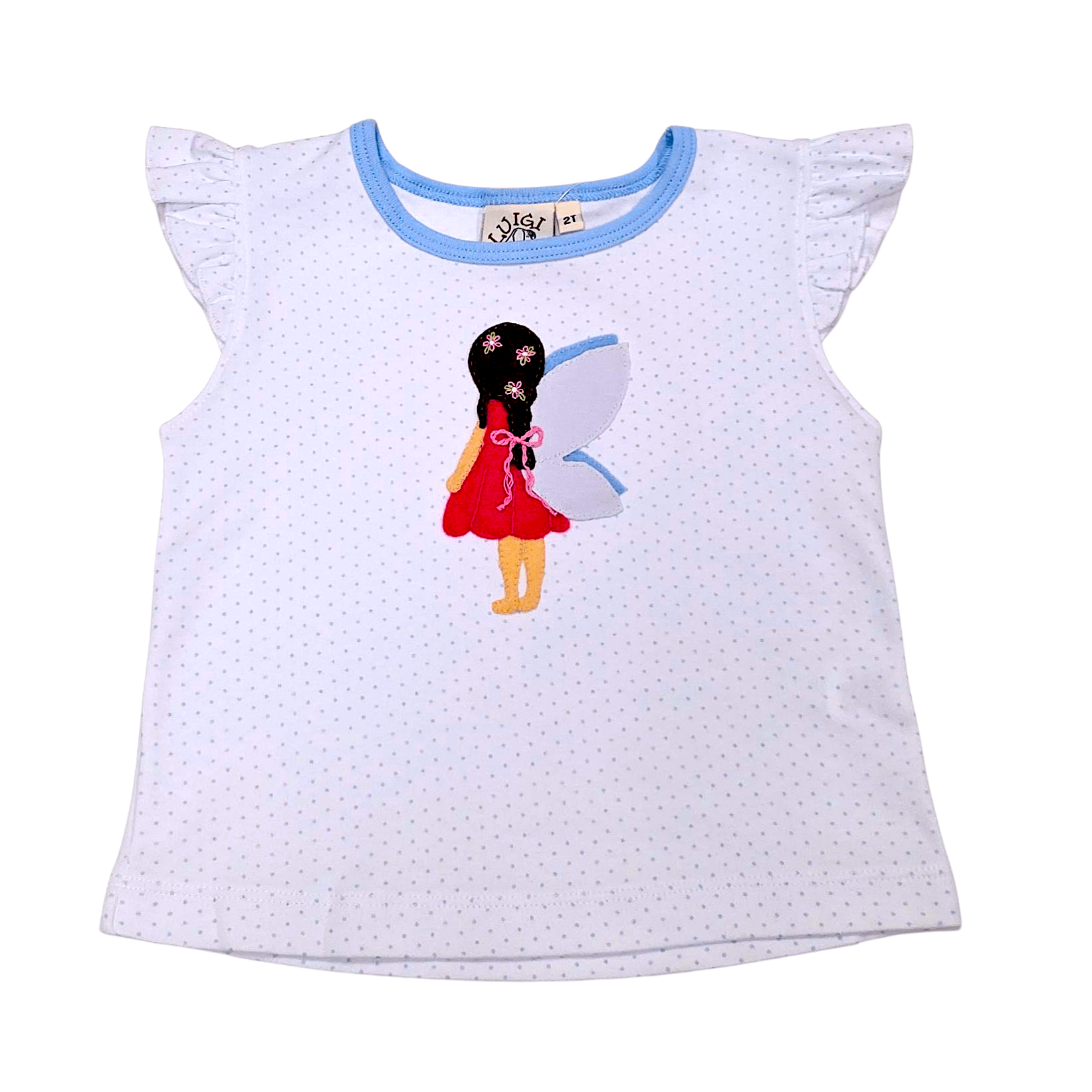 Fairy White w/ Blue Dot SS Flutter Top - Born Childrens Boutique