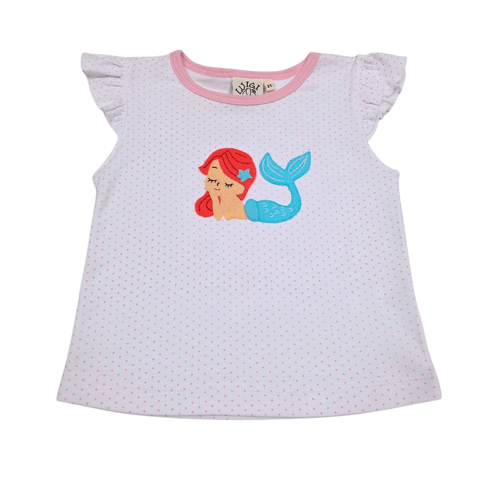 Mermaid White w/ Pink Dot SS Flutter Top - Born Childrens Boutique