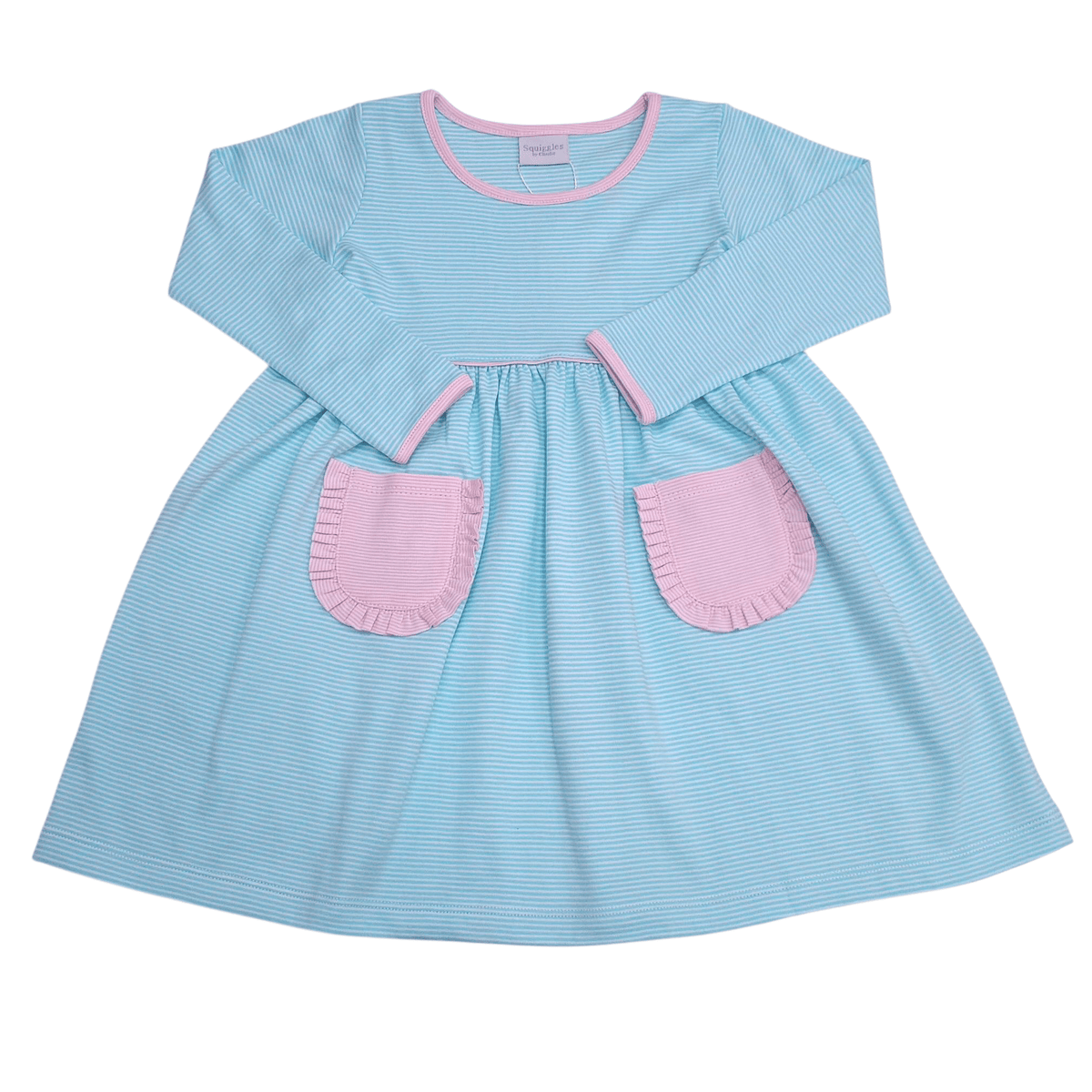 Light Mint Mini Stripe w/ Pink Dress Long Sleeve - Born Childrens Boutique