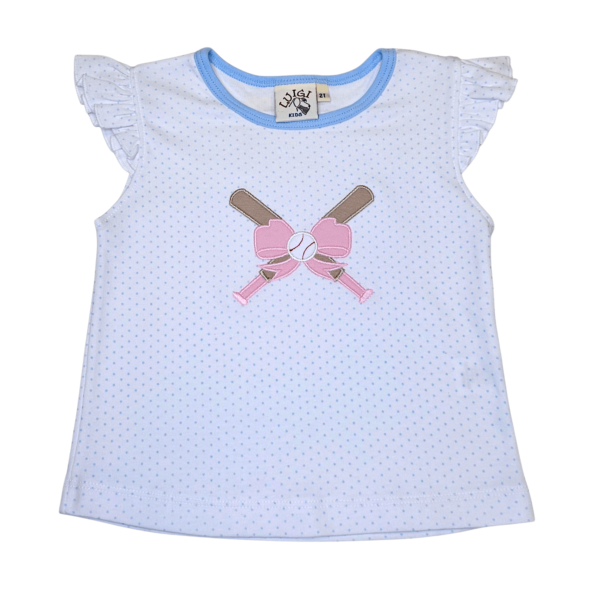 Bow w/ Baseball White w/ Blue Dot SS Flutter Top - Born Childrens Boutique