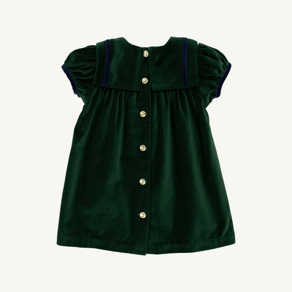 Short Sleeve Patsy's Party Dress - Grier Green Velveteen with Nantucket Navy
