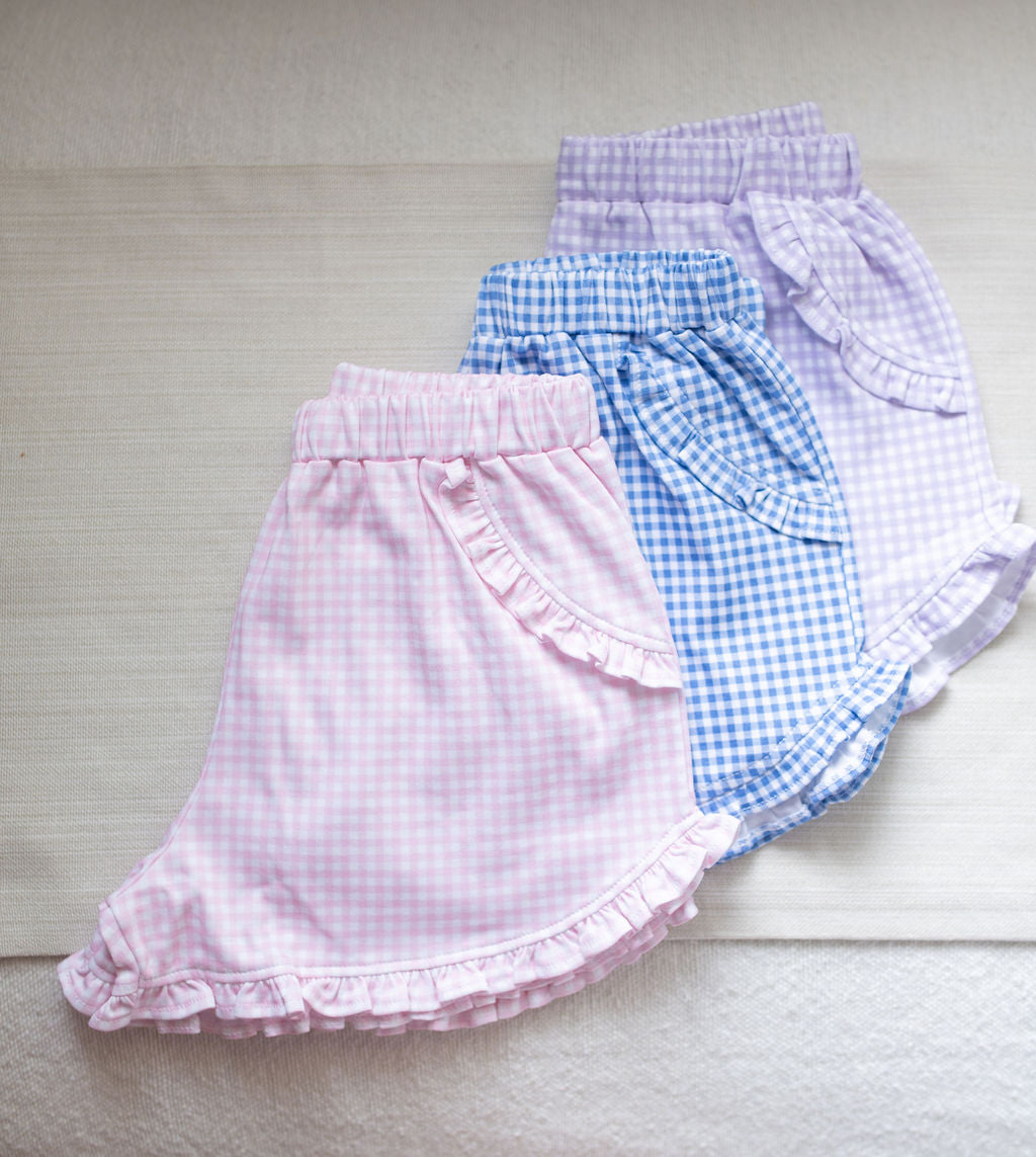 Kinley Ruffled Knit Short - Pink Gingham - Born Childrens Boutique