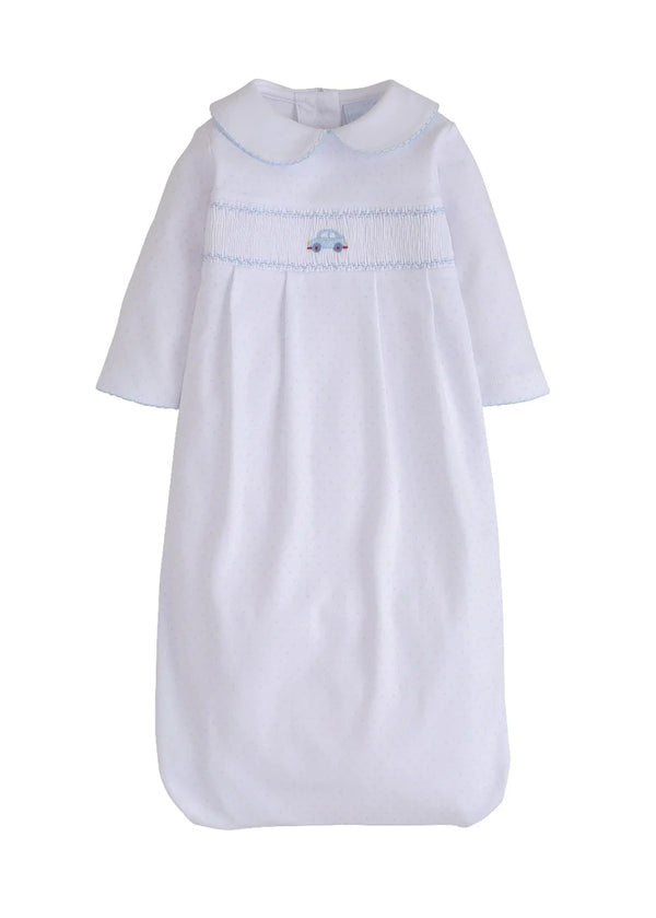 Car Smocked Gown Blue Microdot - Born Childrens Boutique