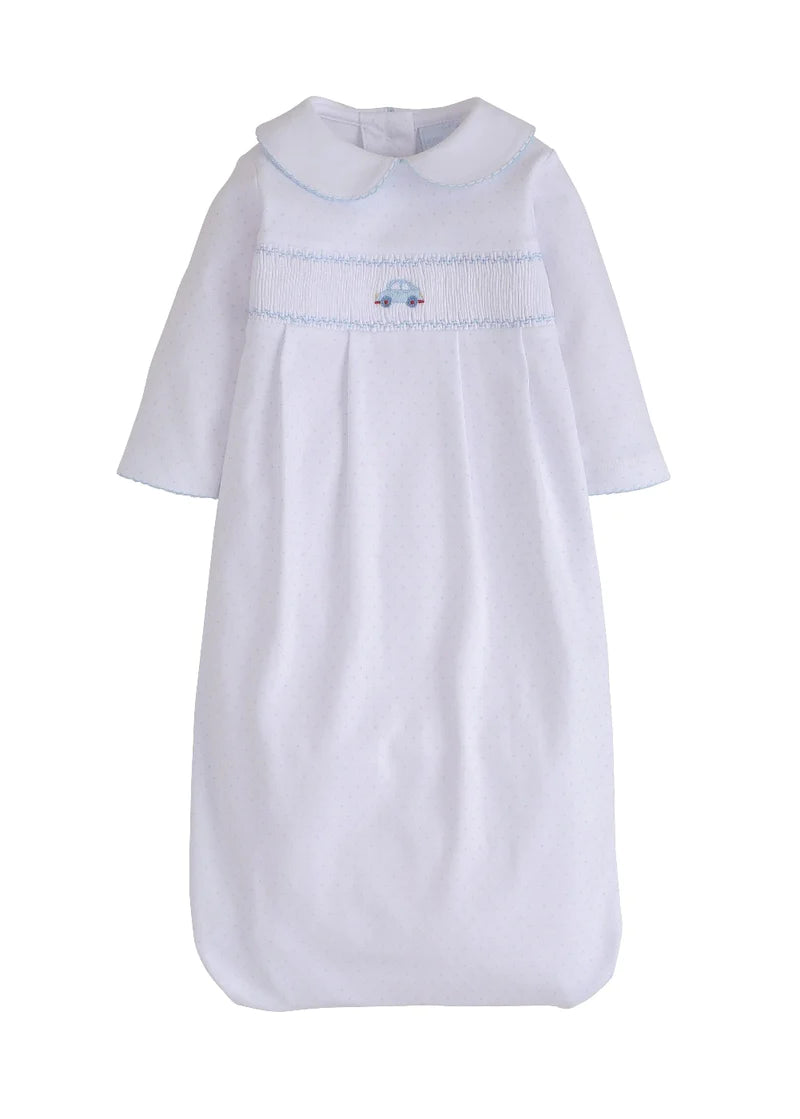 Car Smocked Gown Blue Microdot - Born Childrens Boutique