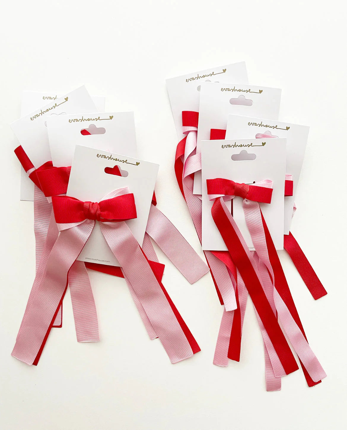 Double Gros Grain Long Tail Bow 6.5 in, Red/Baby Pink - Born Childrens Boutique