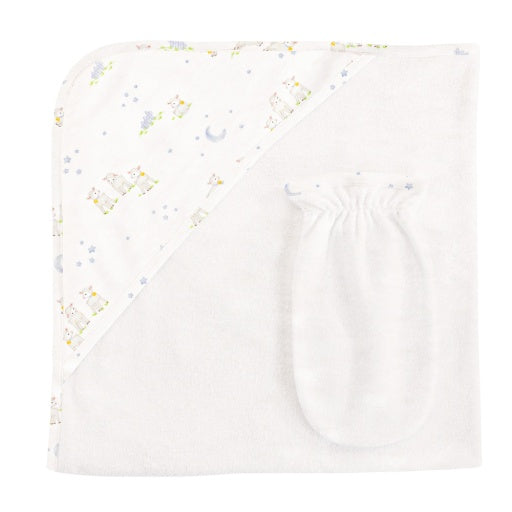 Baby Lambs Blue Hooded Towel with mitt set 31'x28" in - Born Childrens Boutique