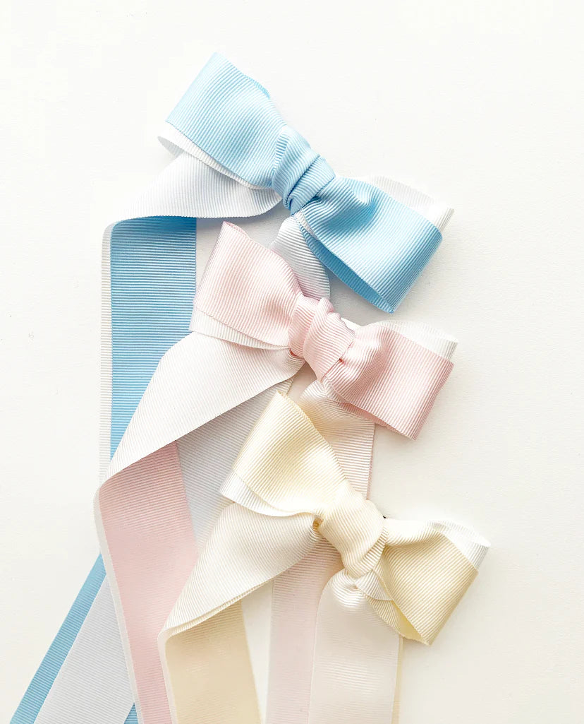 Double Pastel large Grosgrain Long Tail Bow, Link Pink - Born Childrens Boutique