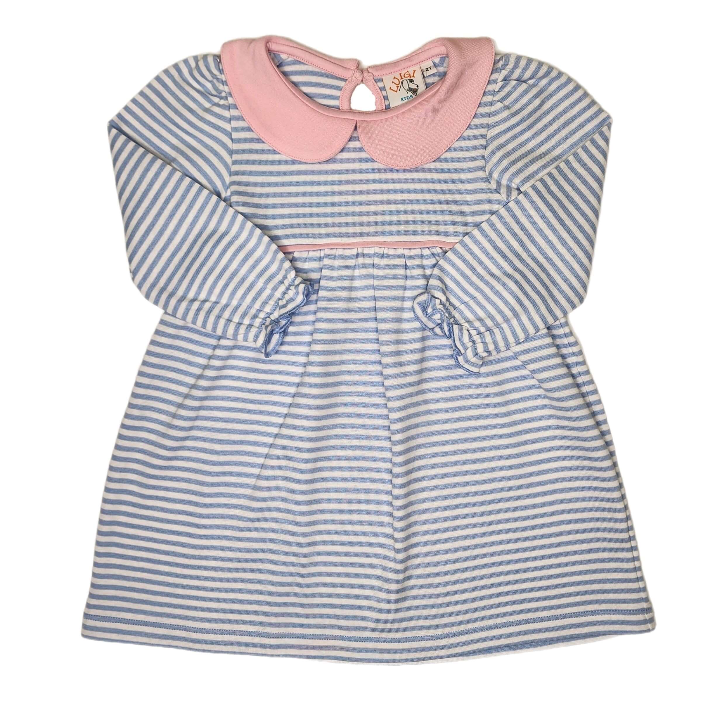 LS Gath Bottom Dress Sky Blue Stripe w/ Pink Collar - Born Childrens Boutique