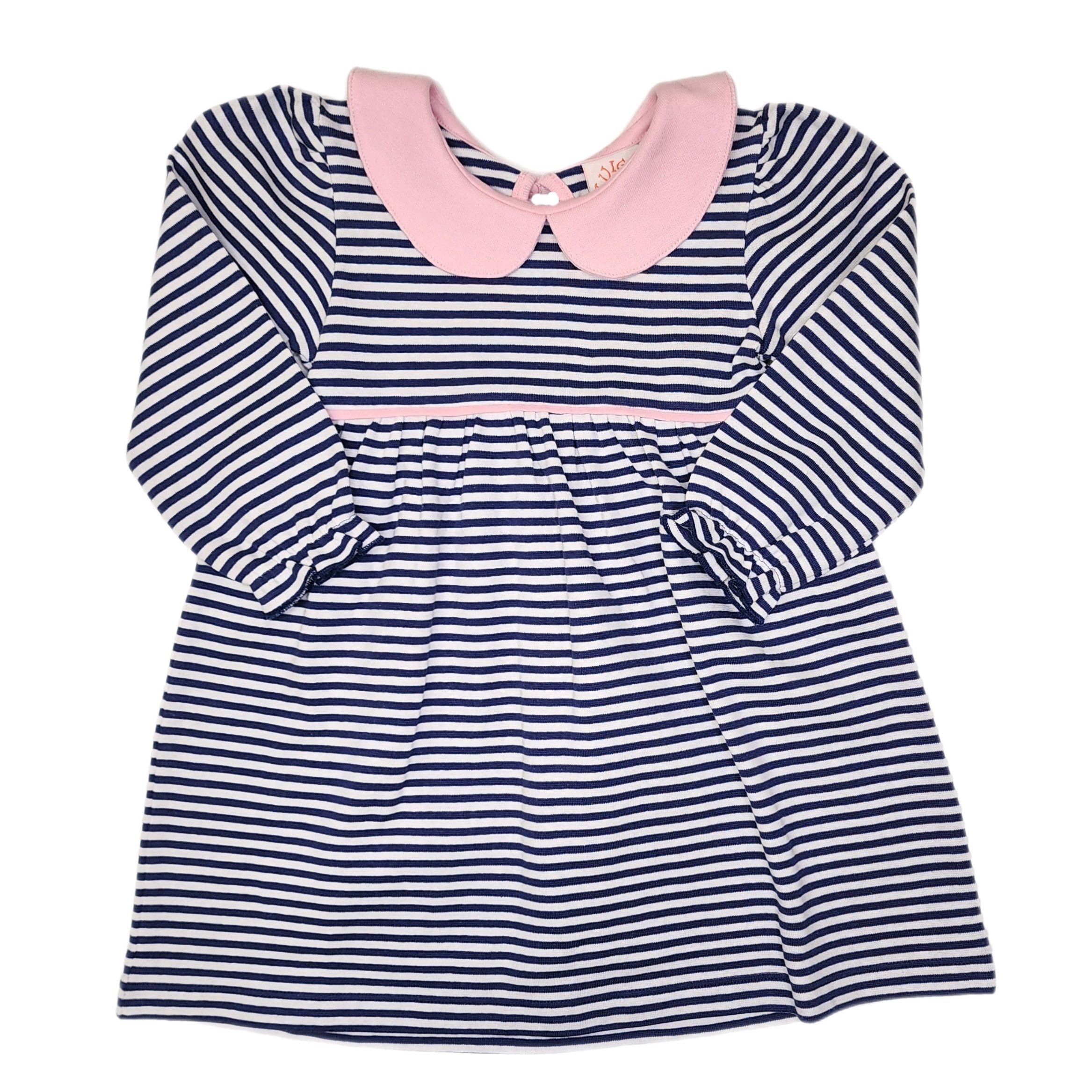 LS Gathered Bottom Dress Dark Royal/White w/ Lt Pink Collar - Born Childrens Boutique