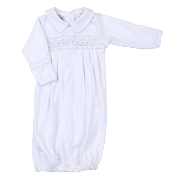 Magnolia Baby Taylor and Tyler Smocked Collared Pleated Gown Blue - Born Childrens Boutique