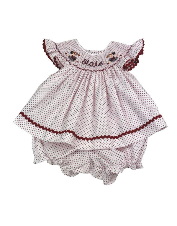 Maroon Bitty Dot Bishop Smock Cheer Bloomer Set - Born Childrens Boutique