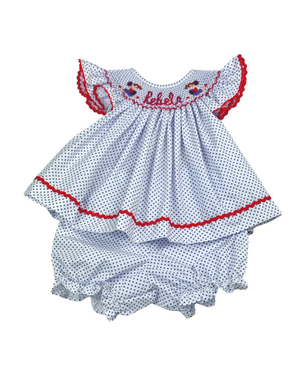 Navy Bitty Dot Bishop Smock Cheer Bloomer Set - Born Childrens Boutique