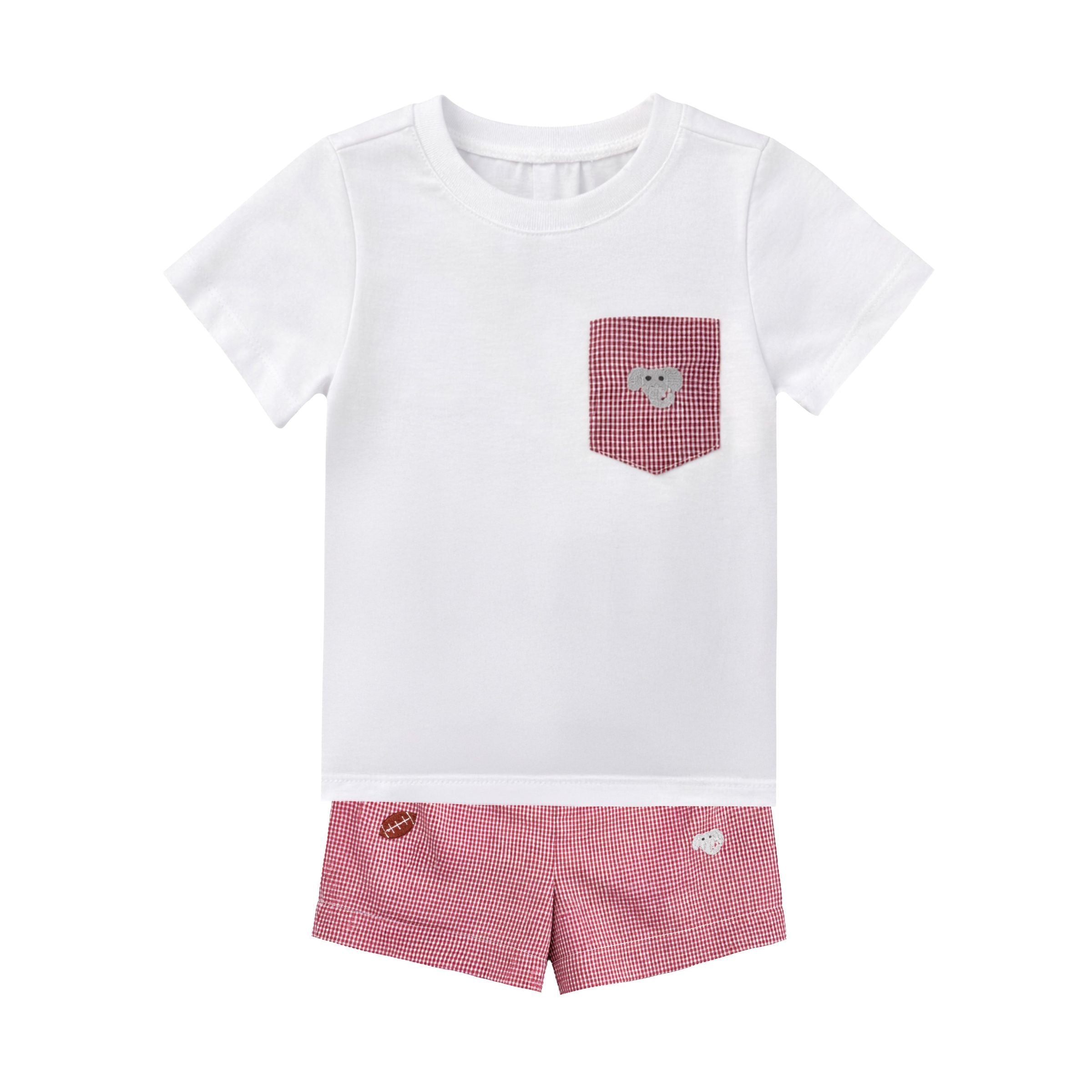 Stephen Pocket Short Set Embroidered Crimson Elephants - Born Childrens Boutique