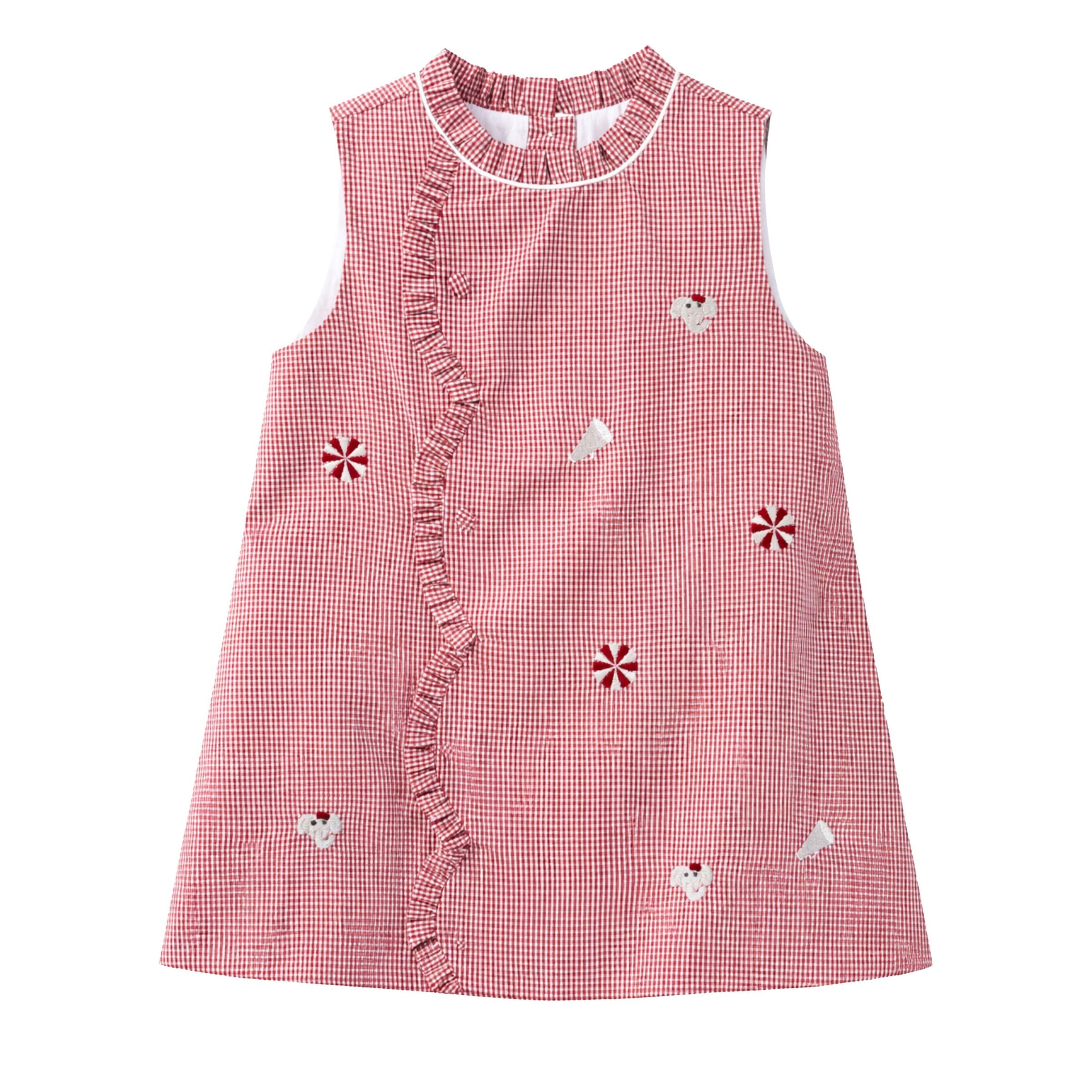 Claire Scallop Dress Embroidery, Crimson Elephant - Born Childrens Boutique
