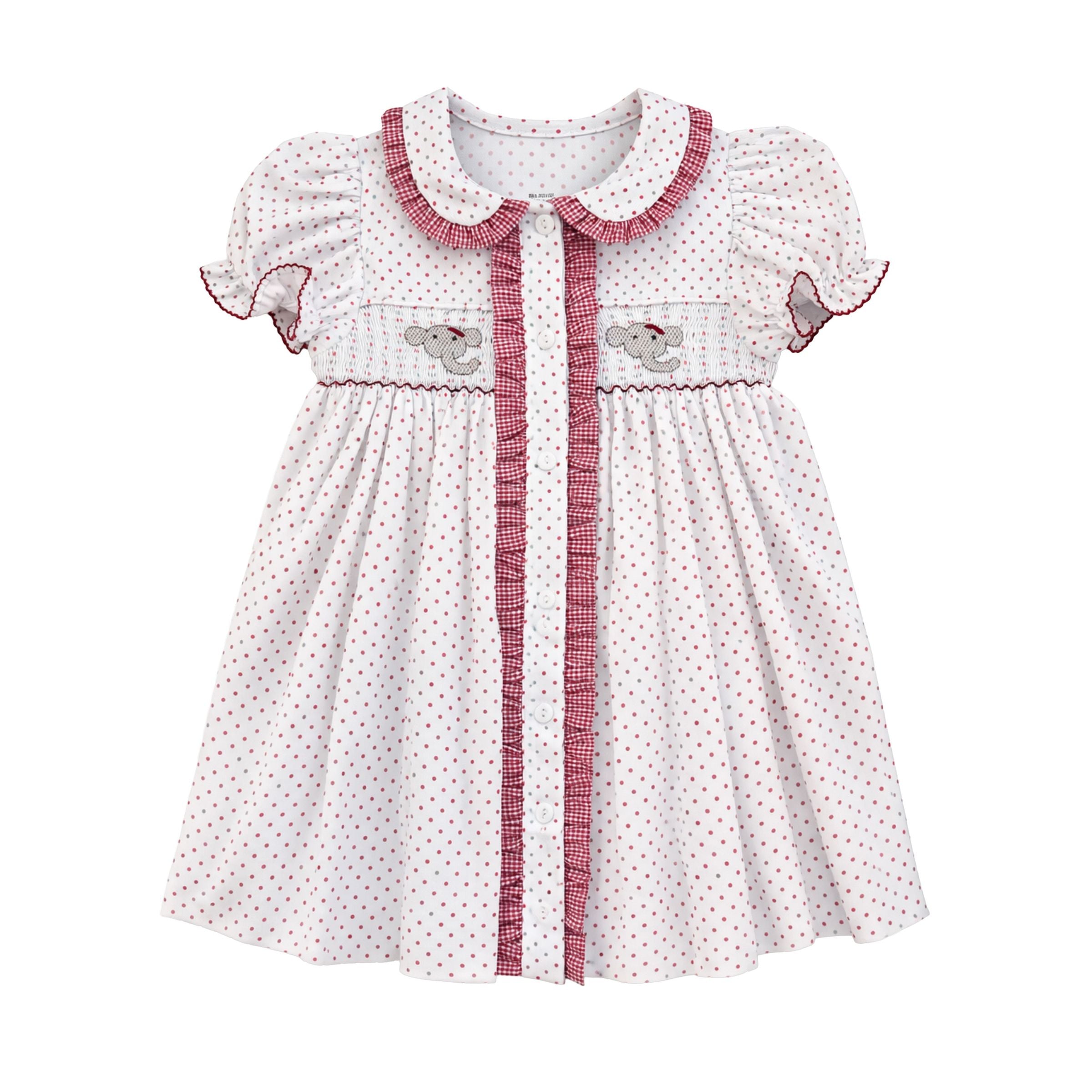 Ruby Smocked Dress, Crimson Bitty Dot Elephant - Born Childrens Boutique