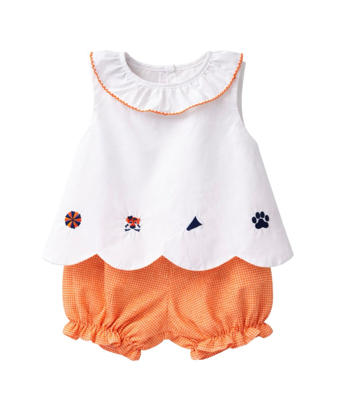 Elaine Ruffle Collar Scallop Bloomer Set, Orange Navy Tiger - Born Childrens Boutique