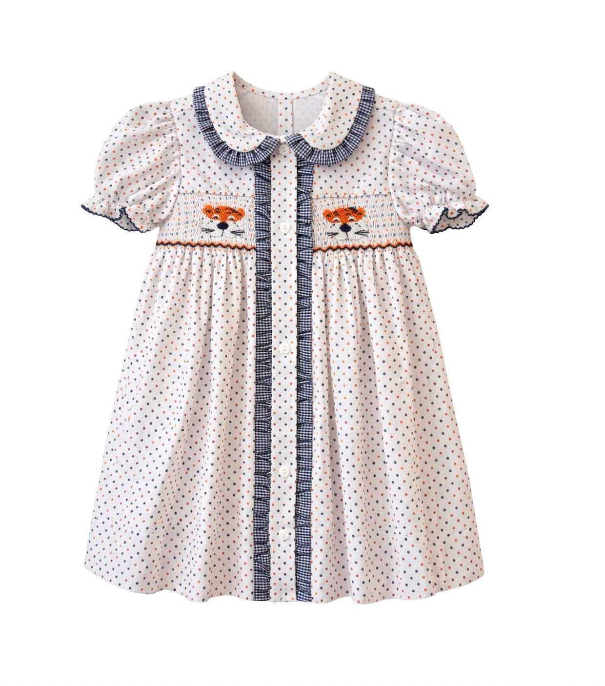 Ruby Smocked Dress, Orange Navy Bitty Dot Tiger - Born Childrens Boutique