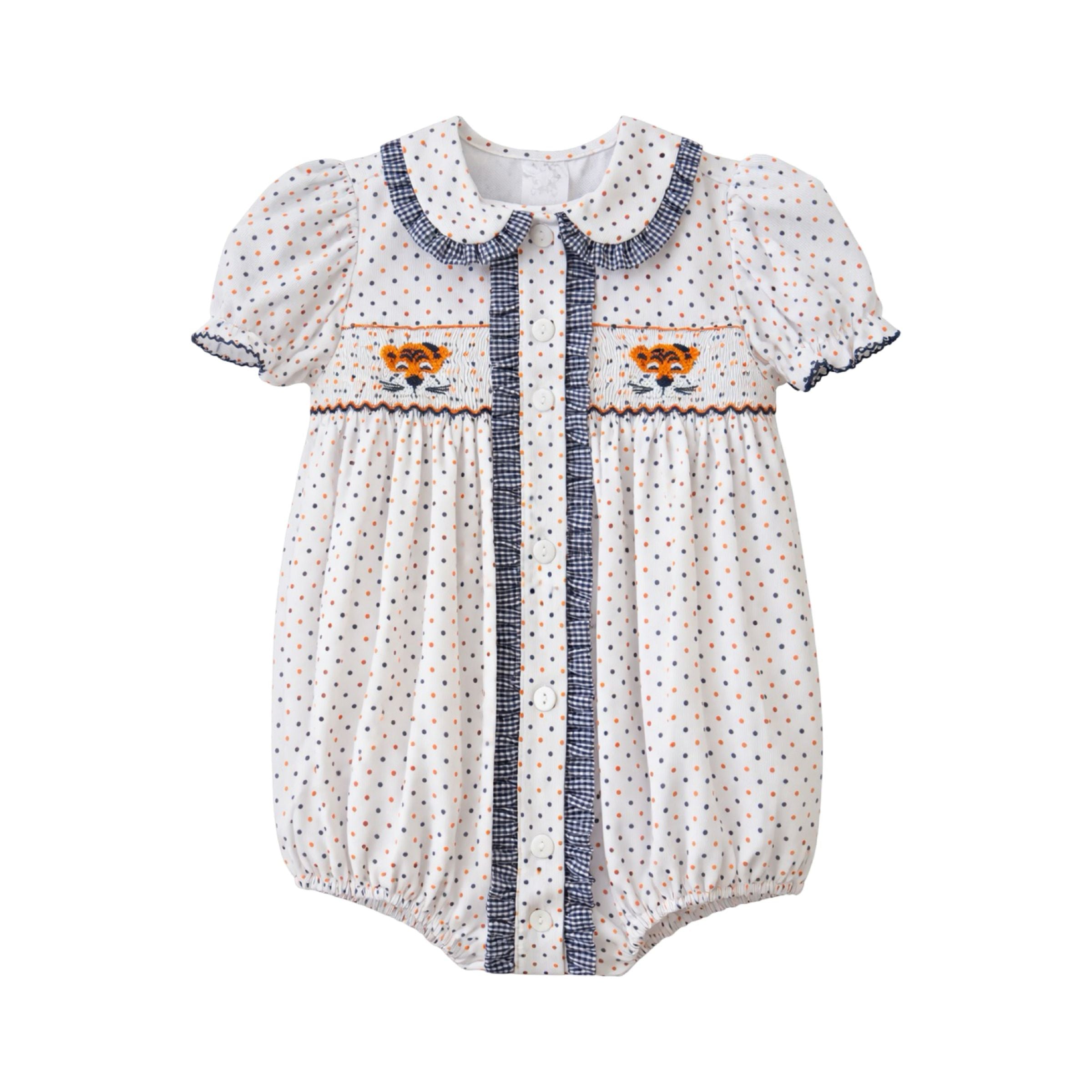 Ruby Smocked Bubble, Orange Navy Bitty Dot Tiger - Born Childrens Boutique