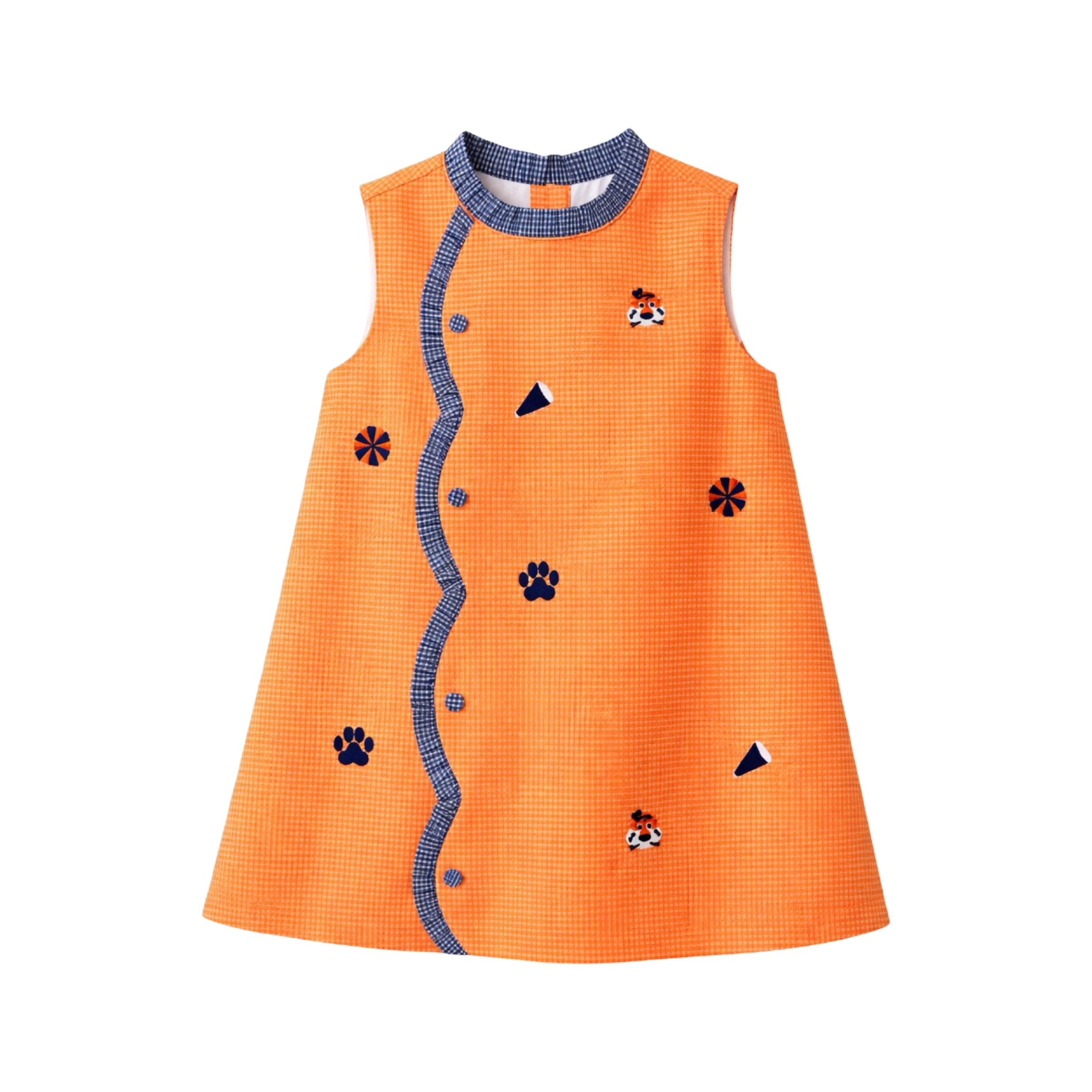 Claire Scallop Dress Embroidery, Orange Navy Tiger - Born Childrens Boutique